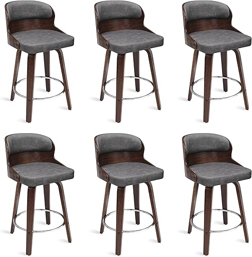 Miniatura 7 de Taburetes de bar giratorios, taburetes de bar modernos de mediados de siglo, sillas de bar de 26 pulgadas con respaldo sólido, acabado de nogal y
