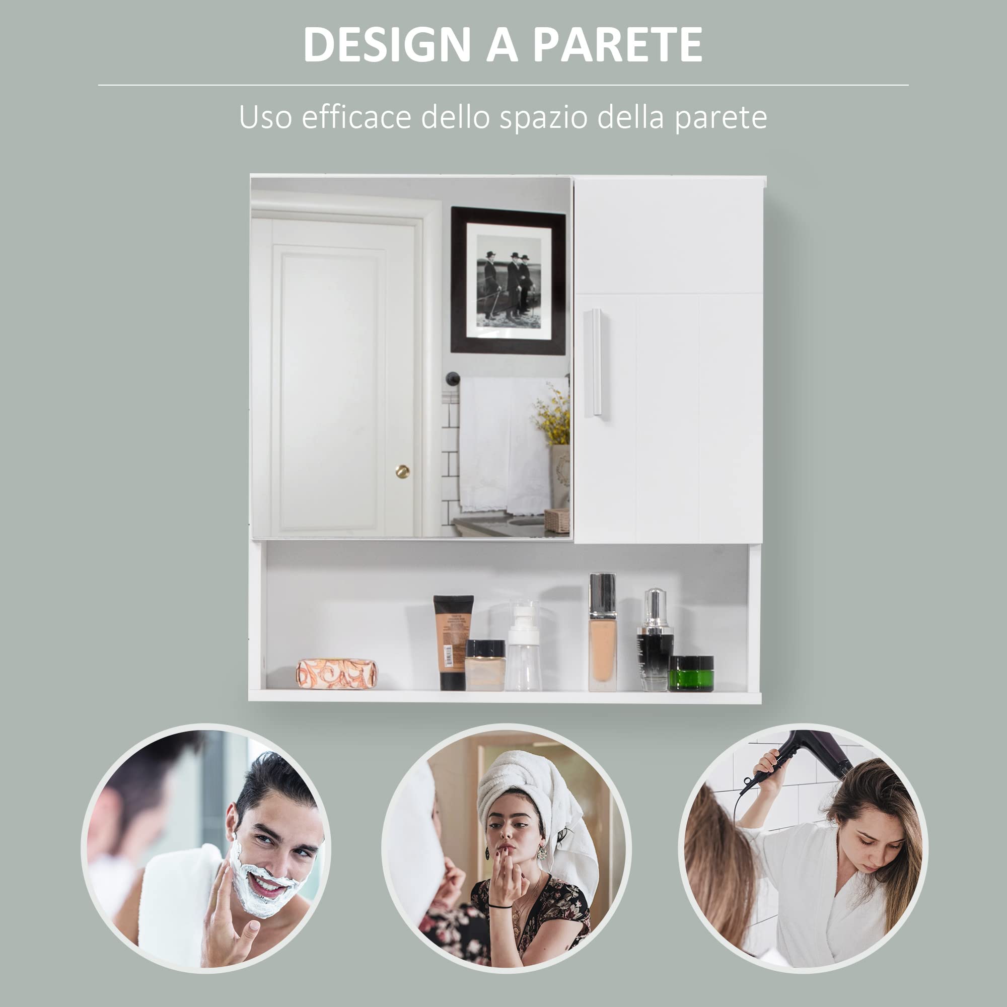 kleankin Specchio Bagno Contenitore con Mensole Regolabili, Specchiera Bagno con Contenitore a 2 Ante e Ripiano Aperto in Legno e Vetro, 54x15.2x55.3 cm, Bianco