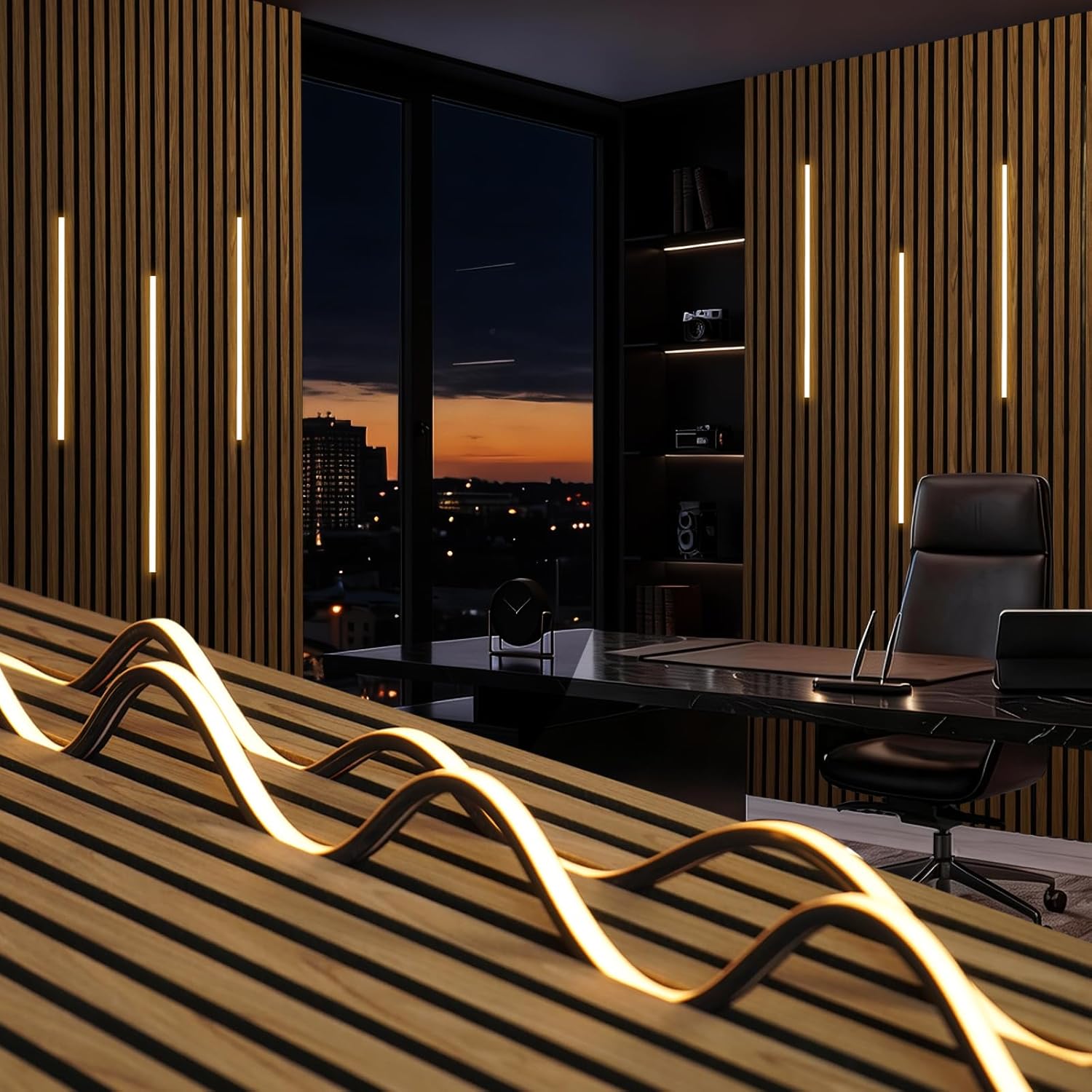 Recessed LED Strip Lighting for Wood Slat Wall - 6pcs Black Clip-in Lights, No Adhesive, Soft Ambient Dotless Glow, Hidden Design with Touch Dimmer & Smart Switch, Fits 0.51" & 0.59"