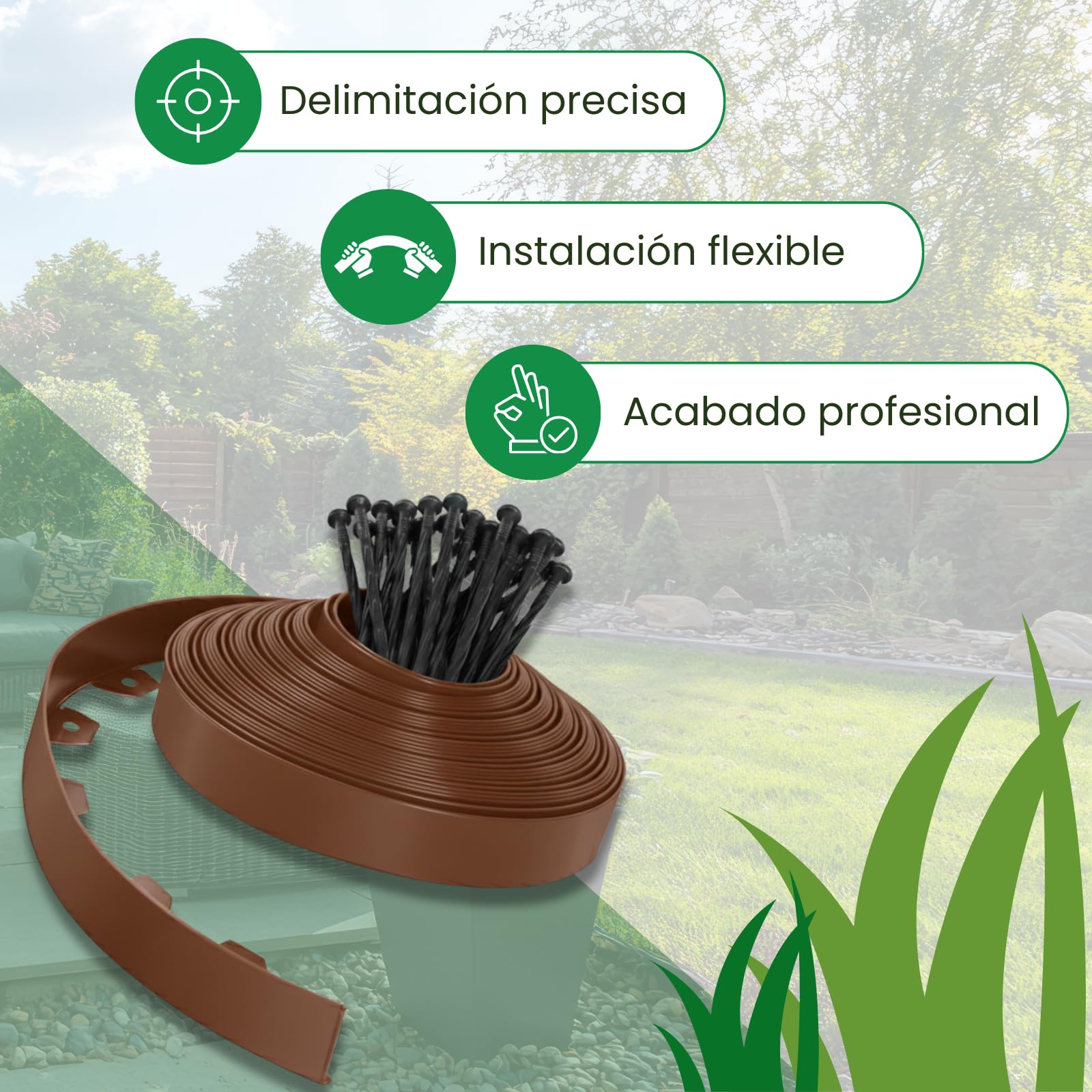 PLANTAWA Borde para Césped Artificial Marrón 10m, 30 piquetas | Delimitación y Fijación del Perímetro, Contención de Materiales y Acabado Profesional | Flexible, Discreto y Resistente para Jardín
