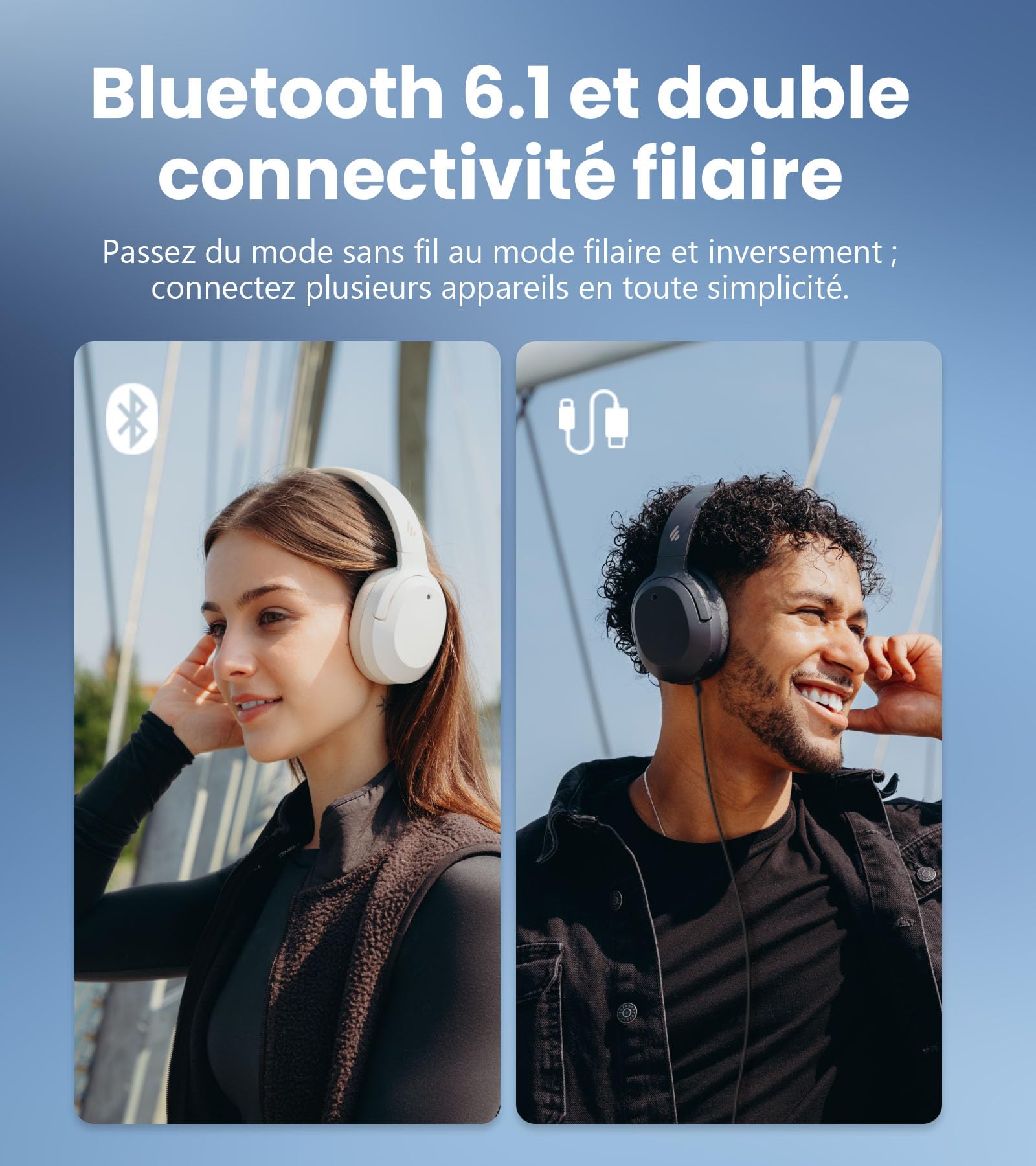 Edifier W820NB Plus Gen 2-Casque Audio Over-Ear Sans Fil Pliable à Réduction de Bruit(ANC -49 dB), LDAC Hi-Res, Autonomie 88h, Son Spatial, Appels Clair AI, Bluetooth V6.1, Multipoint Connexion-Ivoire