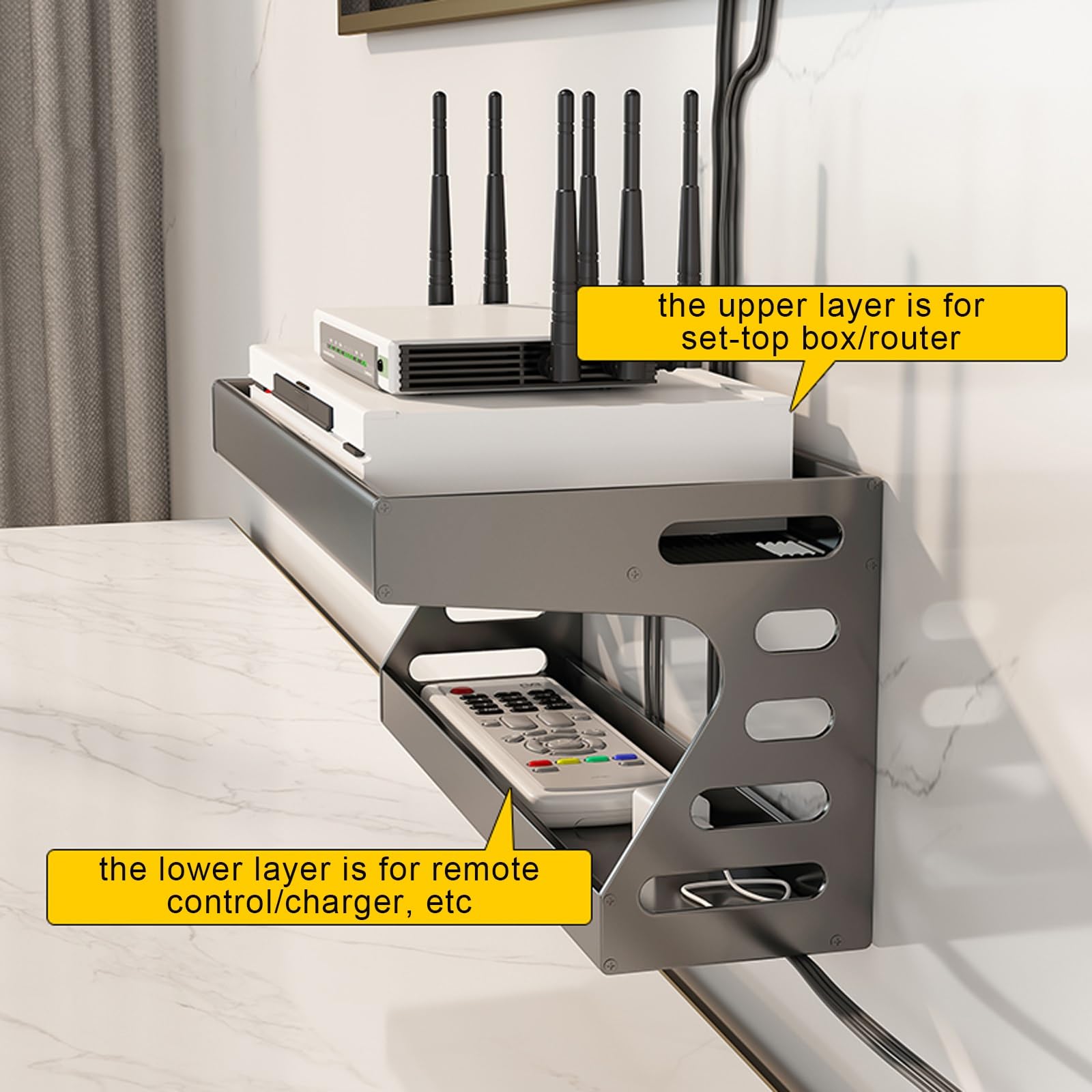 Scatola Porta Router Wifi da Parete Materiale in Alluminio Spaziale Foro Passacavo Invisibile Porta Modem per La Decorazione Della Parete(Black,50 * 10 * 19.8cm)