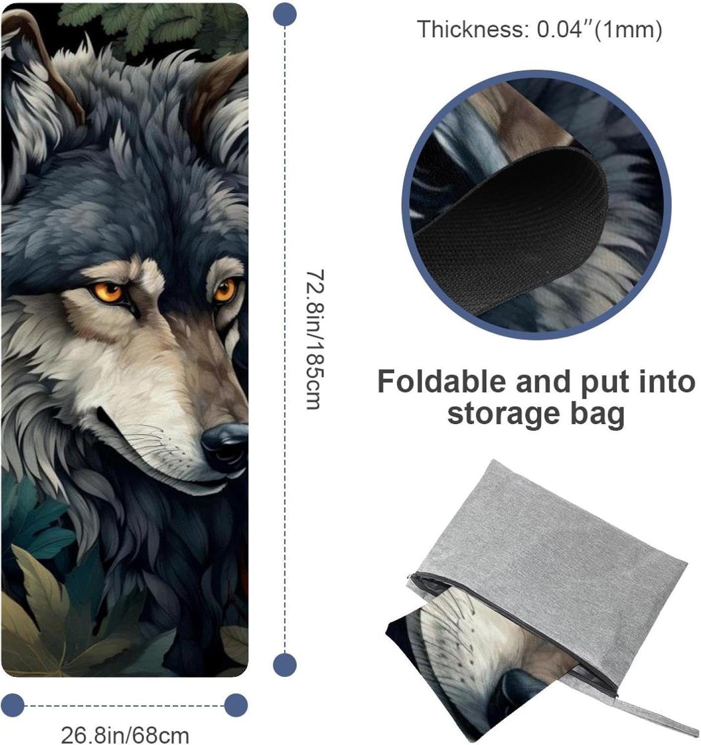 Yoga Towel, Wolf Animal Print Non Slip Sweat Absorbent Hot Yoga Mat Towel for Hot Yoga, Pilates and Fitness - 72.8" x 26.8"