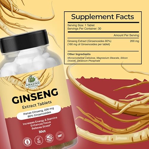 Miniatura 5 de Amazing Botanicals Panax - Tabletas de extracto de ginseng – 200 mg altamente potentes 80% de ginsenósidos para energía y relajación – Suplemento