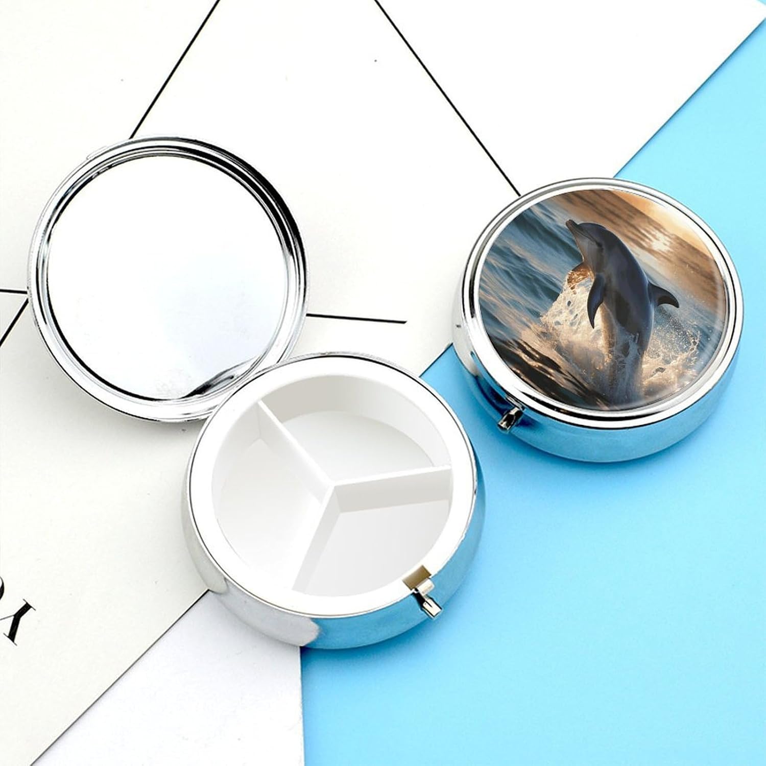 Round Silver Pill Box Small Pill Case for Purse and Pocket 3 Compartment