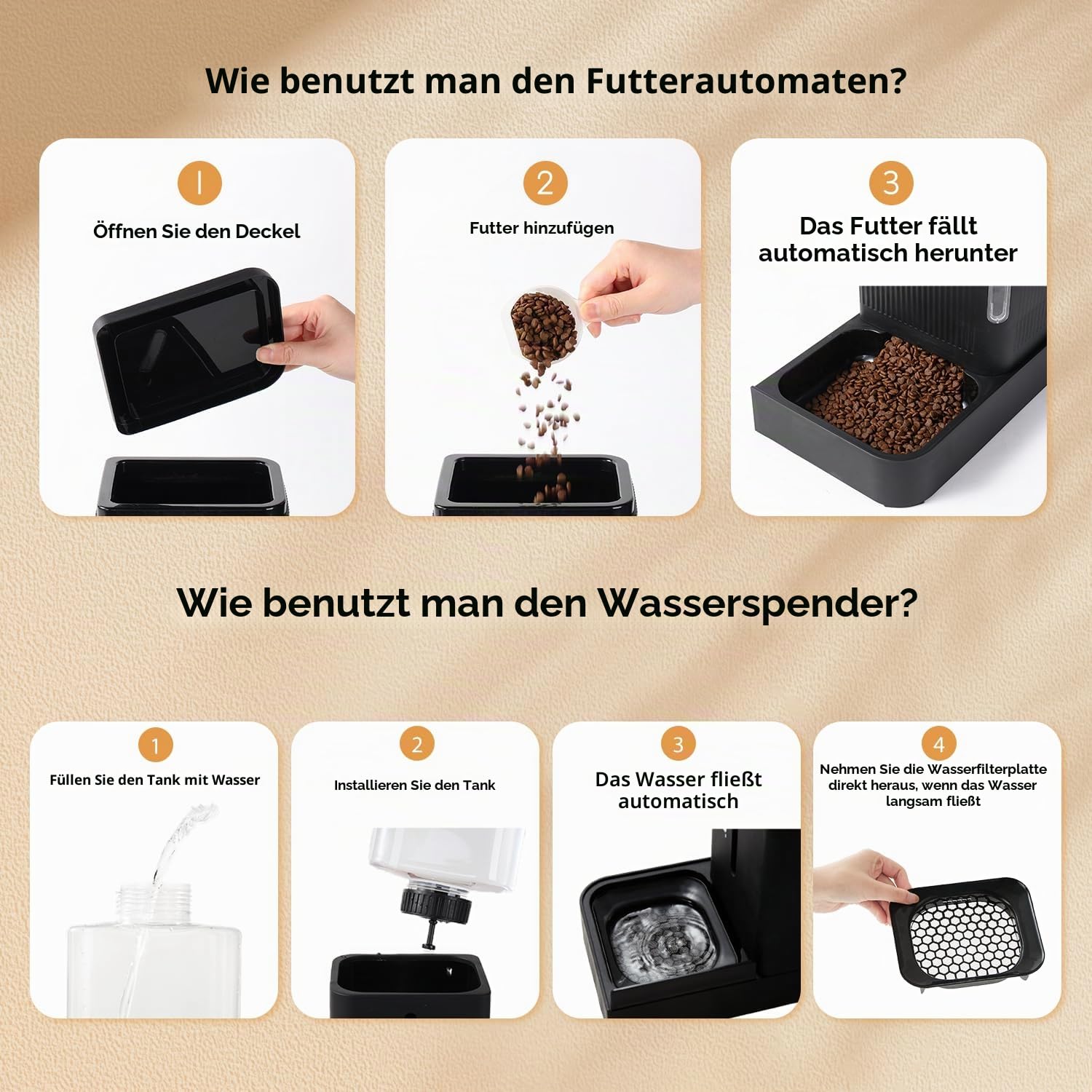 ZOMISIA Automatischer Futterspender für Katzen/Hunde 3L, 2-in-1 Schwerkraft Futterautomat Katze und Wasserspender Trockenfutter mit 180 Grad Drehbar, Schwarz