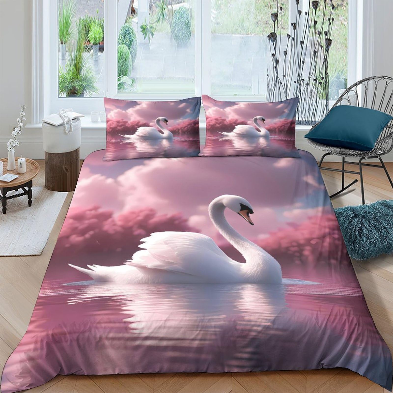 Ctjqhvkz Style-6 3D Printed Pink Swan Lake Fitted Sheet Microfiber Soft Breathable Sunset Scene Bed Cover For Bedroom Dorm Mattress Protection Single（135X200cm）