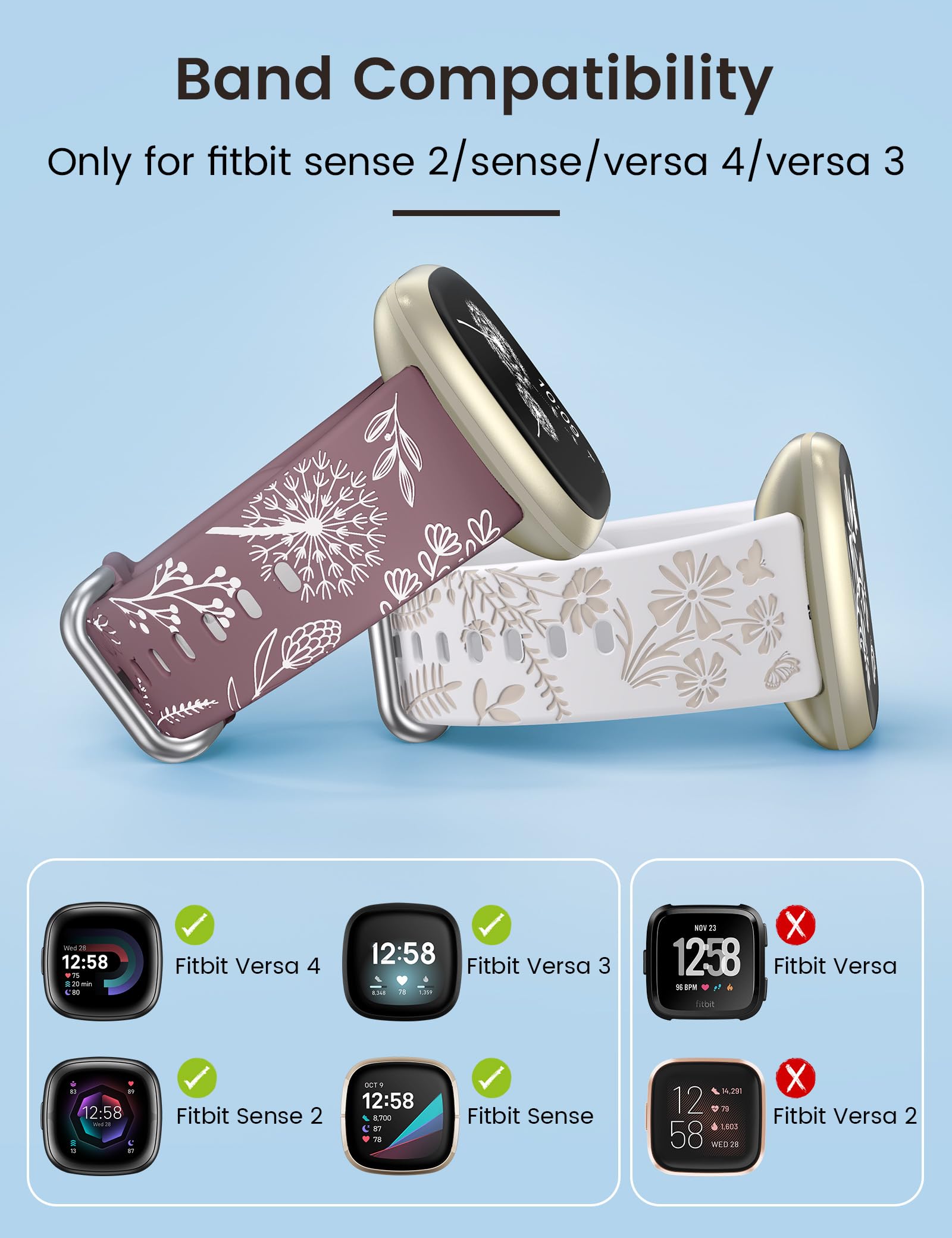 Wearlizer 2 Pack Floral Engraved Strap Compatible with Fitbit Versa 3 Straps/Versa 4 /Sense 2/Sense Bands Women - Image 3