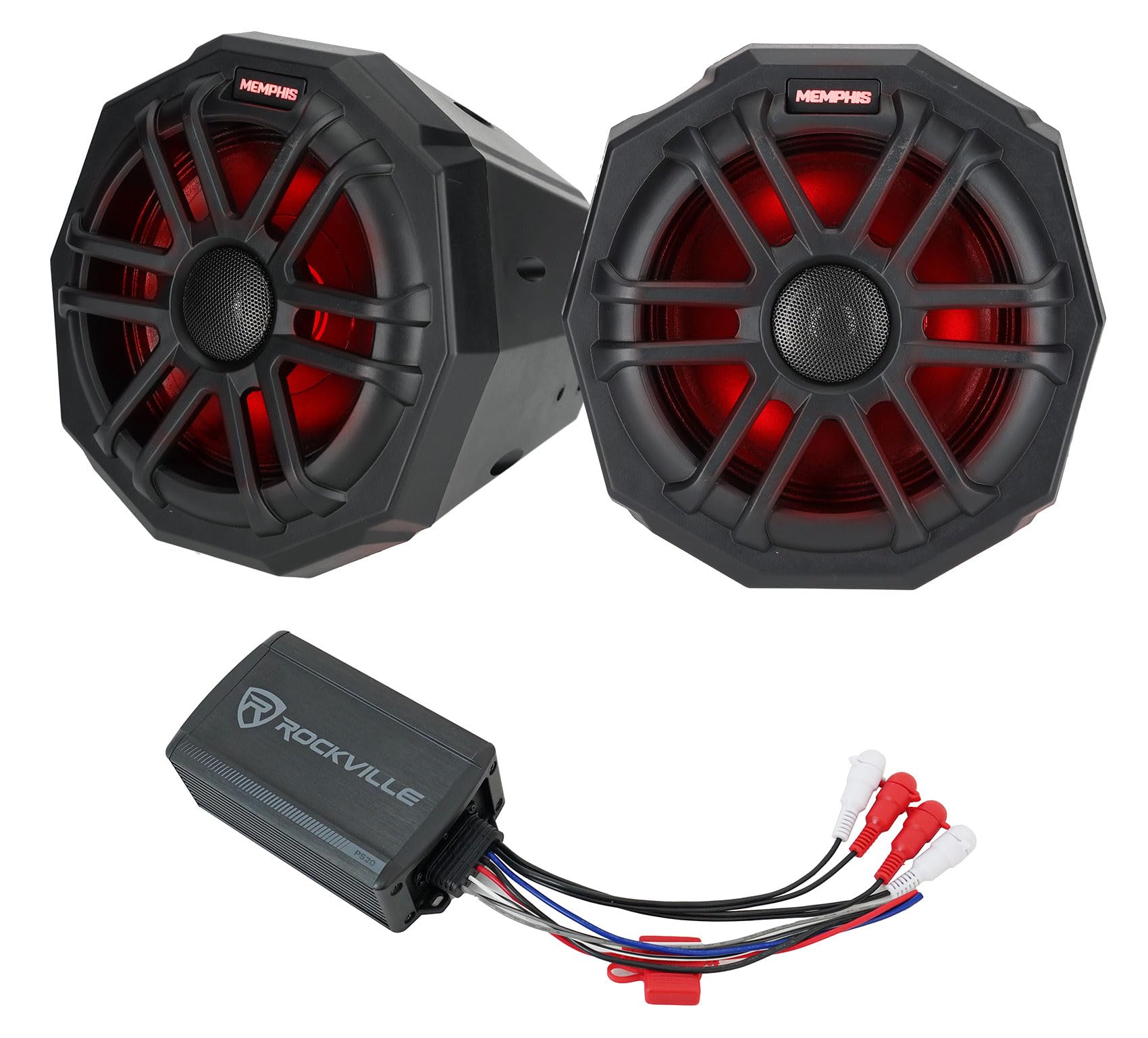 Memphis Audio TLN65FE Bundle: Pair PlugnPlay Speakers 150W peak/75W RMS with Pod Enclosures, PS20 2-Channel Bluetooth Amplifier IP65, for Honda Talon 2019, 2-Items