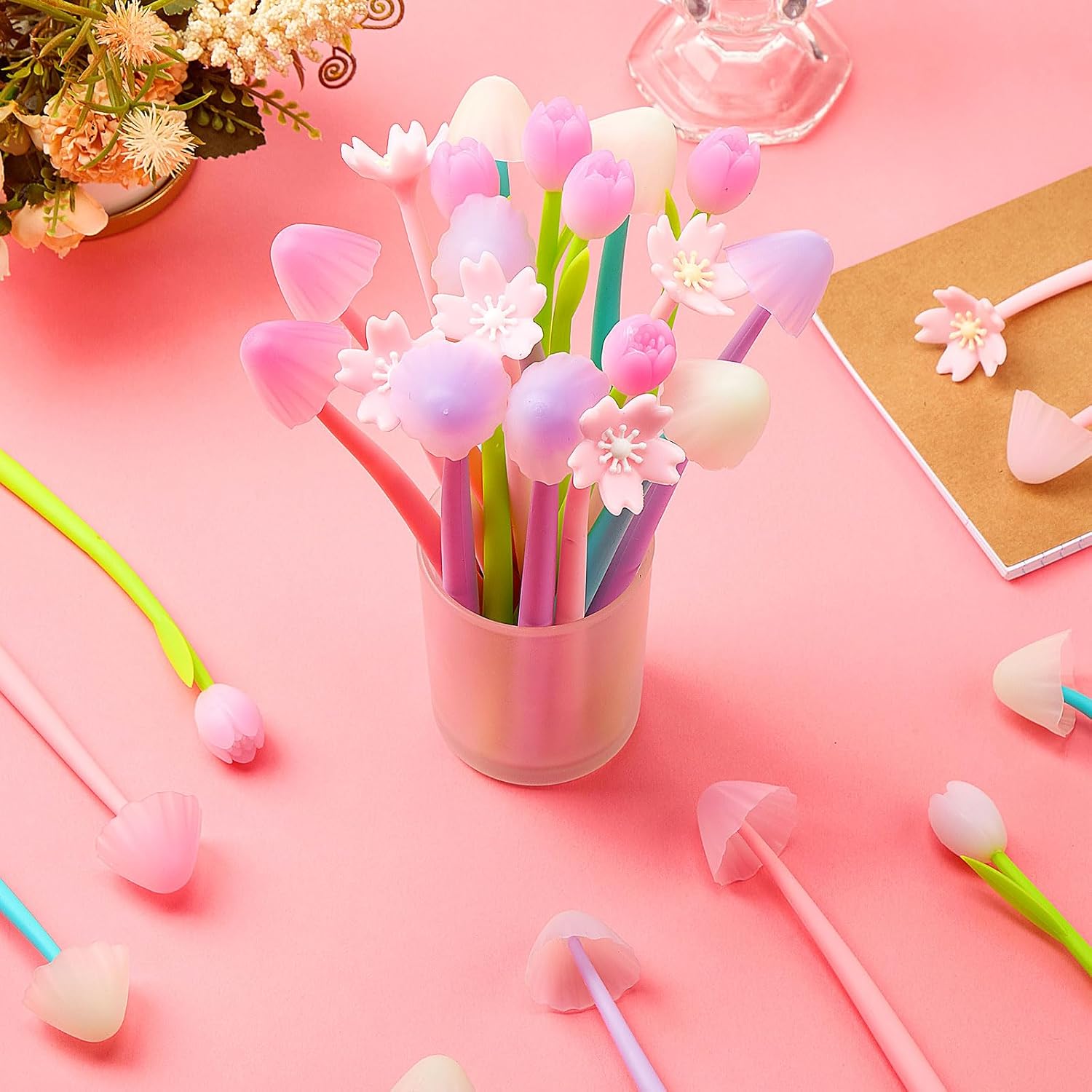 Yexiya 60 Pieces Color Changing Flower Ballpoint Pens Spring Mother Teacher Gifts Pens Bulk 0.5mm Tulip Rose Floral Gel Ink Rollerball Pens for School Gifts Home Office(Cute Style)