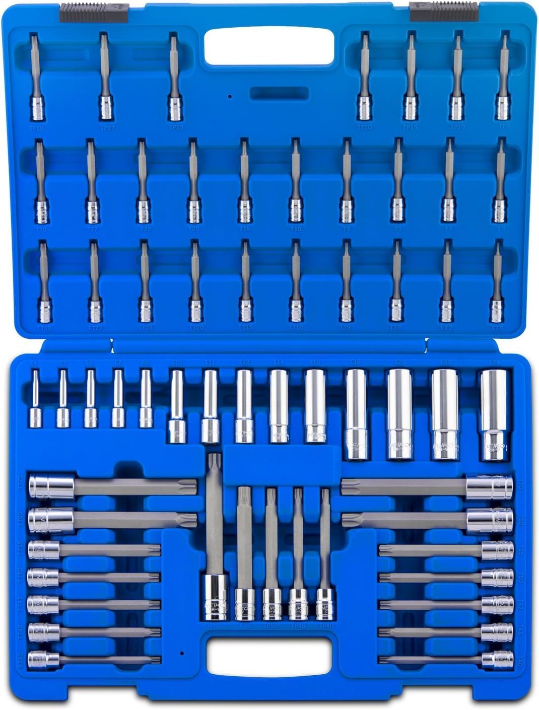 NEIKO 10287A Extra Long Socket Bits and Deep Socket Set | 60 Piece | S2 Tamperproof Torx Plus Bits and Cr-V Steel E-Torx Sockets