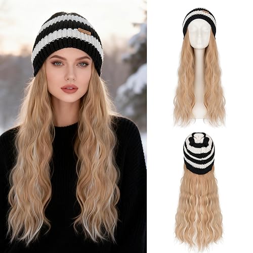 S-noilite Beanie Wig Hair Extensions,Golden Brown to Bleach Blonde Long