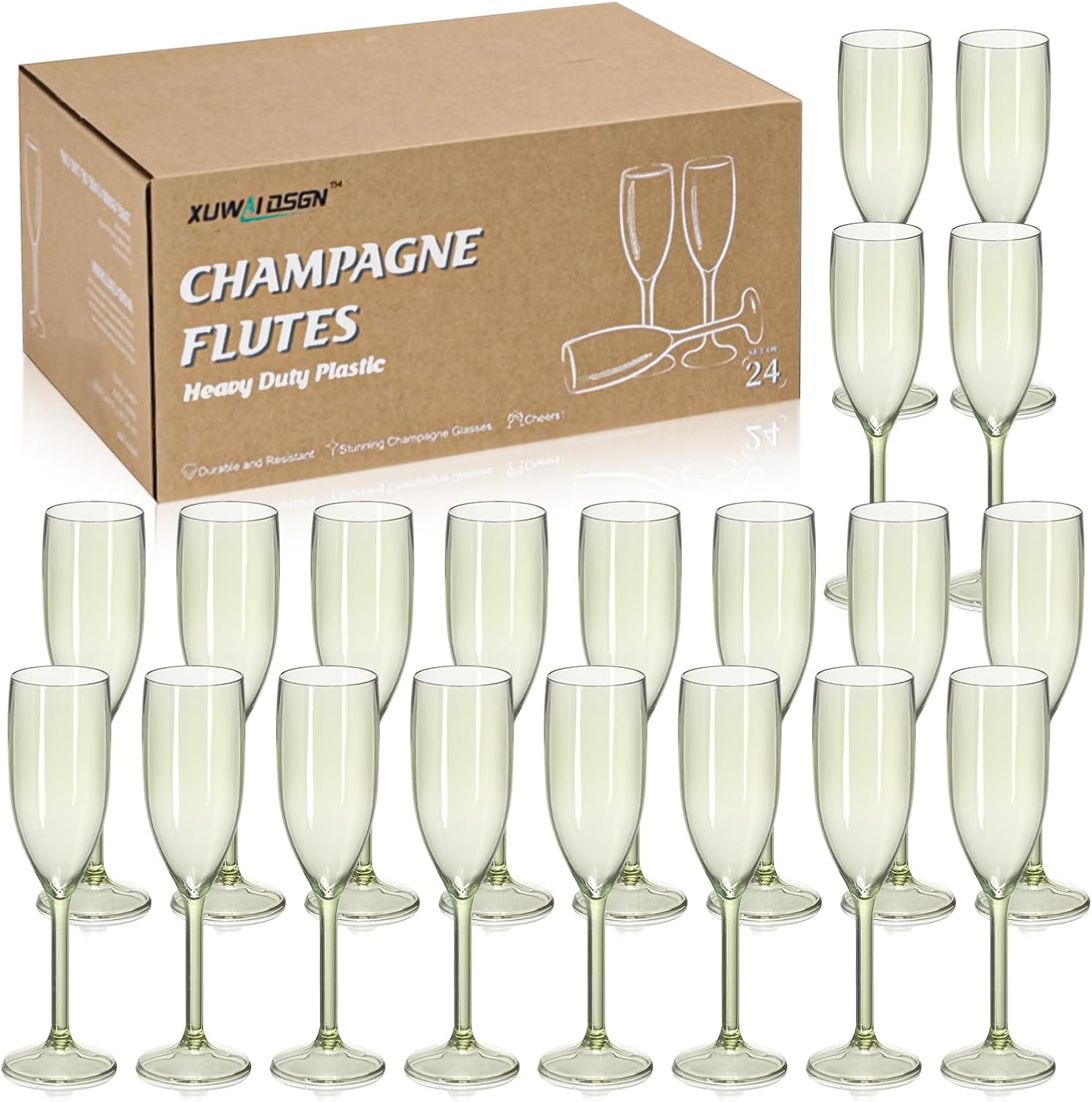 XUWAIDSGN 24 Pcs Reusable Champagne Flutes Plastic Wine Glasses Bulk Vintage Champagne Flutes Mimosa Bar Glasses Stemmed Drinking Cups 5.4OZ for Christmas Birthday Wedding Bride