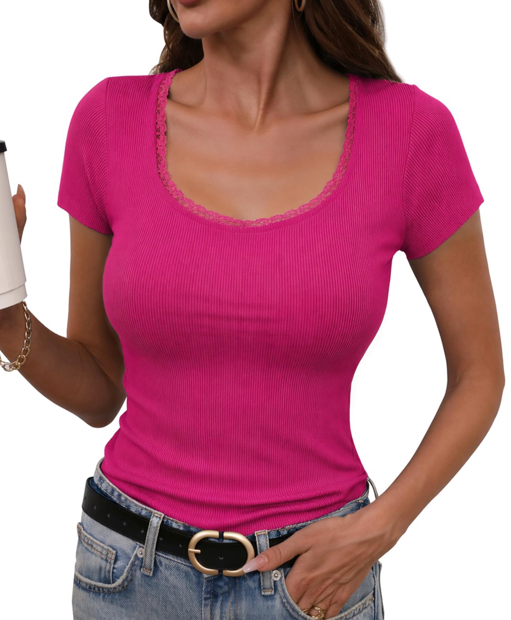 Terecey Tshirt Damen Slim Fit Tops Sommer Sexy Kurzarm Ribbed Tee S-XXL | 92 % Baumwolle, 8 % Elastan, Elegant Stretch Oberteile , gerippt mit Spitzensaum für Alltag, Büro, Urlaub und Freizeit