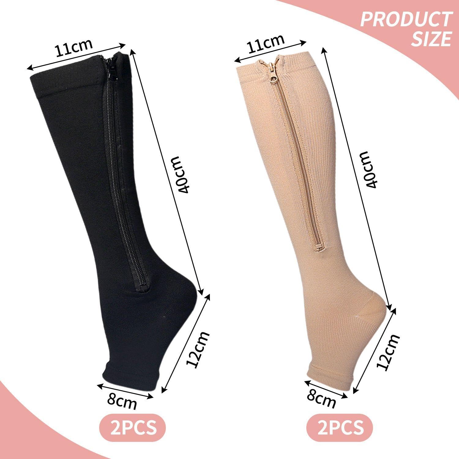 2 Pares De Calcetines Con Cremallera Abierta, Calcetines De Soporte Sin Dedos, Calcetines De Compresión Transpirables Y Cómodos, Calcetines Hasta La Rodilla Unisex