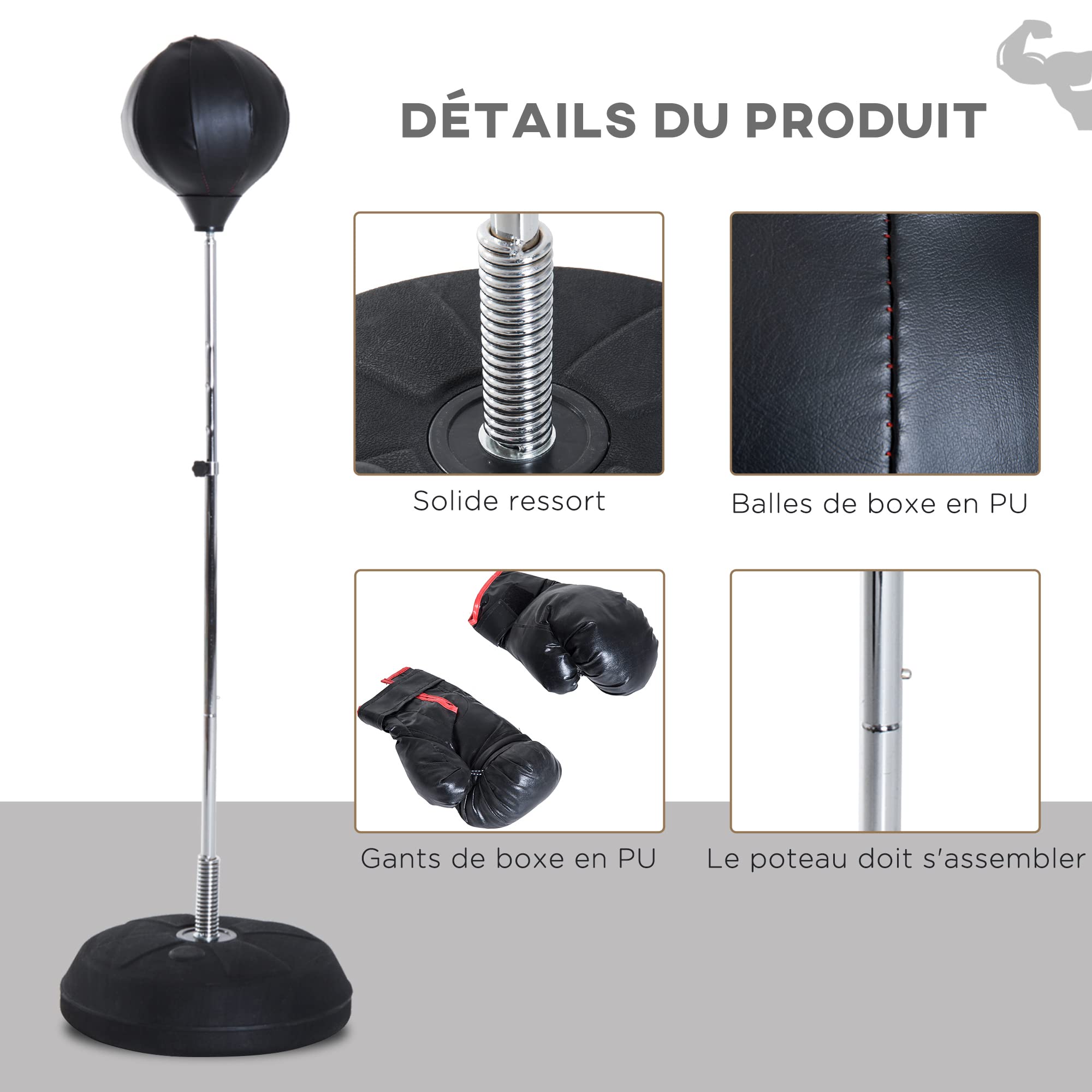 HOMCOM Sac de Frappe sur Pied Punching Ball réglable 126-144 cm avec Gants et Pompe