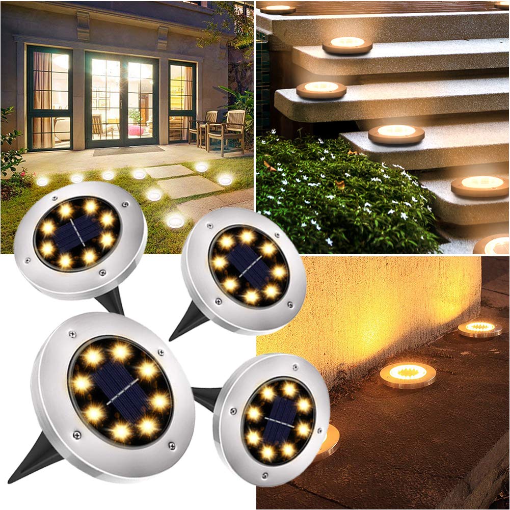 BaifmeySolar Lights for Outdoor Garden,Solar Ground Lights,8 LED,IP67 Waterproof,100LM Stainless Steel Dark Sensing Landscape Lights-Warm White (4 Pack)