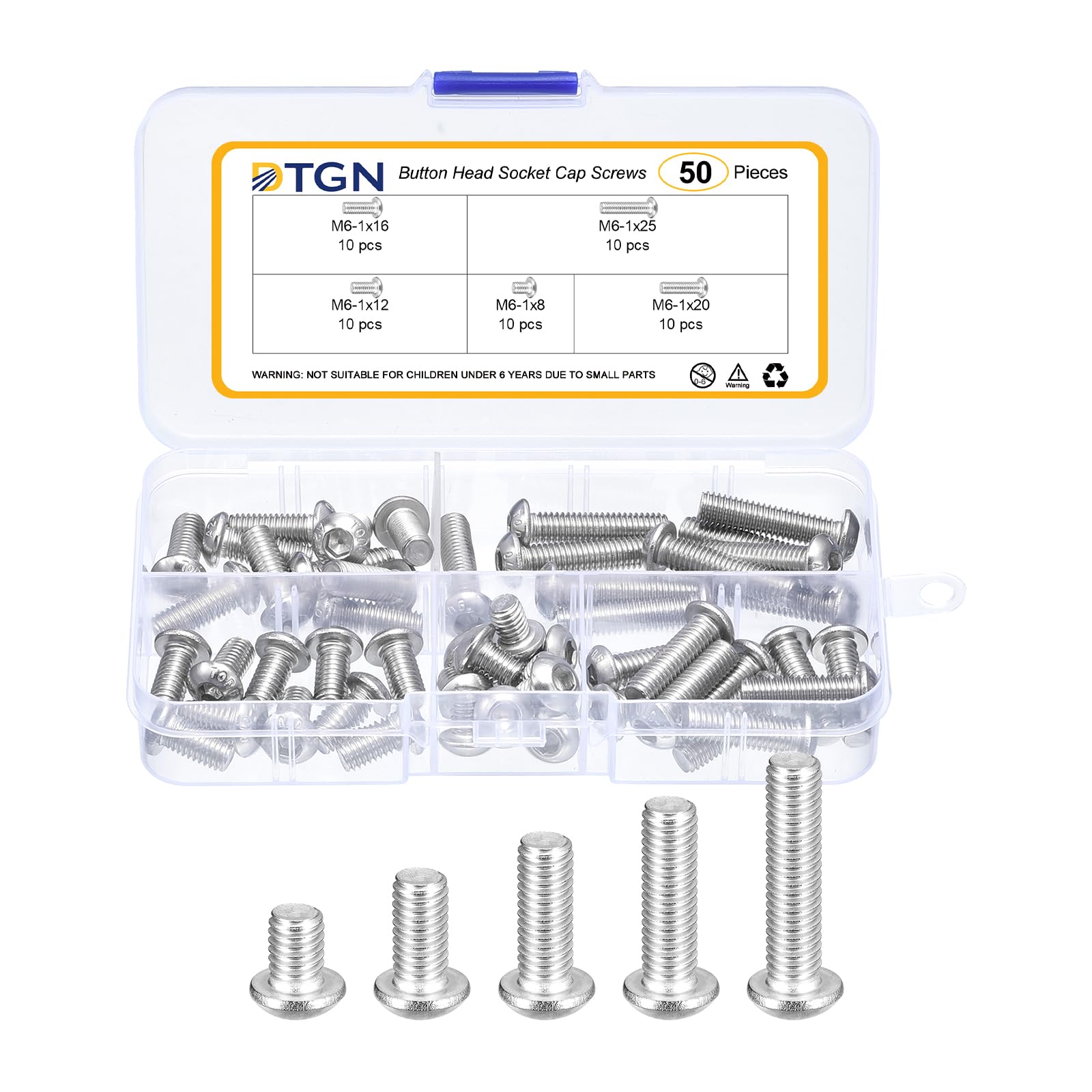 DTGN 50Pcs M6-1x8/12/16/20/25mm Button Head Socket Cap Screws, 304 Stainless Steel Bolt Nut Set Washer Assortment Kit