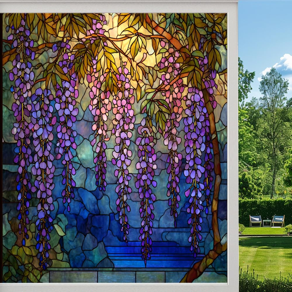 Dreamy Wisteria Stained Glass Window Film, Abstract Spring Floral Garden Peel and Stick Privacy Film, Frosted Adhesive Vinyl Decorative for Bathroom Windows Glass Doors,（90x140cm）