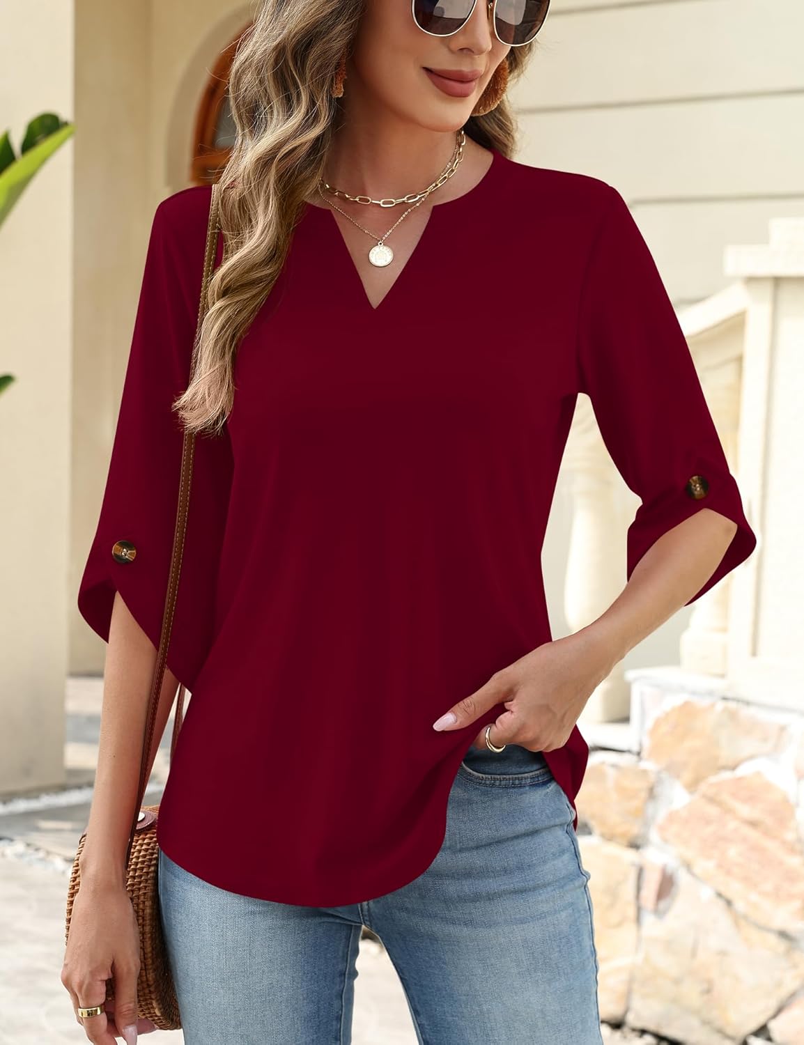 Kistore Womens 3/4 Length Sleeve Tunic Tops Casual V Neck Shirts Business Work Blouses Trendy Flowy Tees - Image 2