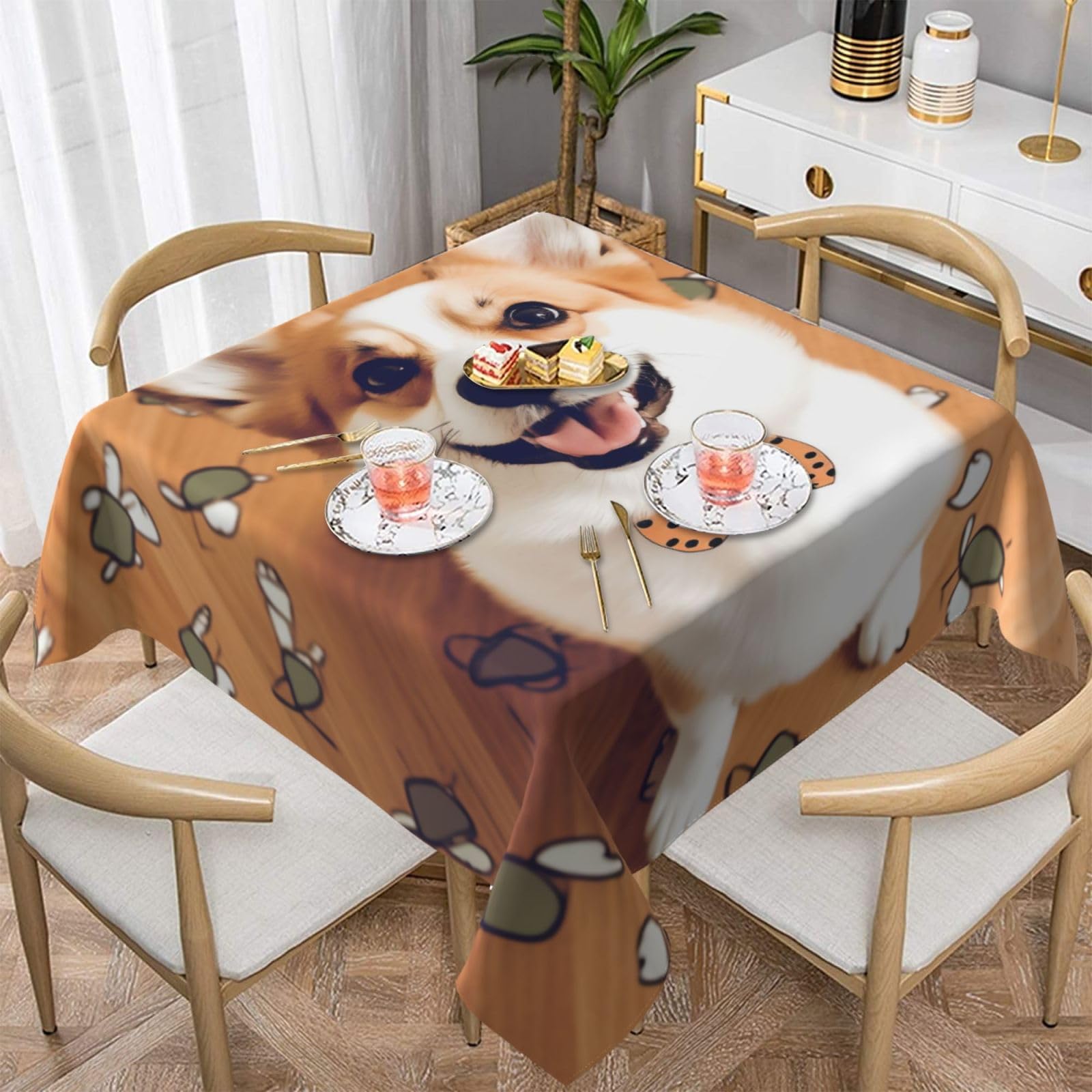 WPKJU Cute Corgi Printed Square Tablecloth 54x54 inch Water Resistant Table Cover Washable Rectangle Table Cloth for Dining Tables