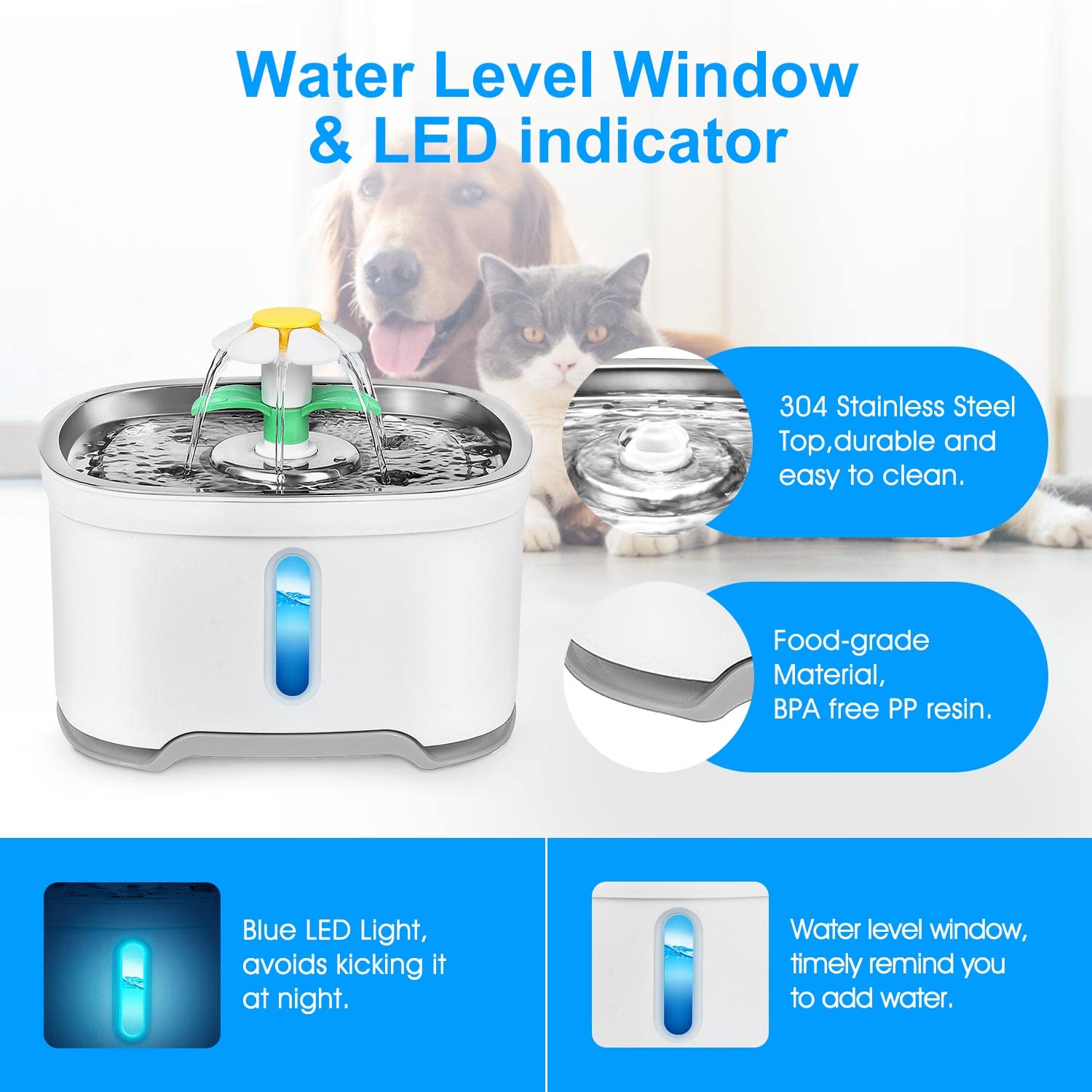 Fuente de agua de acero inoxidable para mascotas con adaptador, versión mejorada de 84 onzas/2.5 l, dispensador automático de agua para gatos con bomba ultra silenciosa para gatos, perros, pájaros