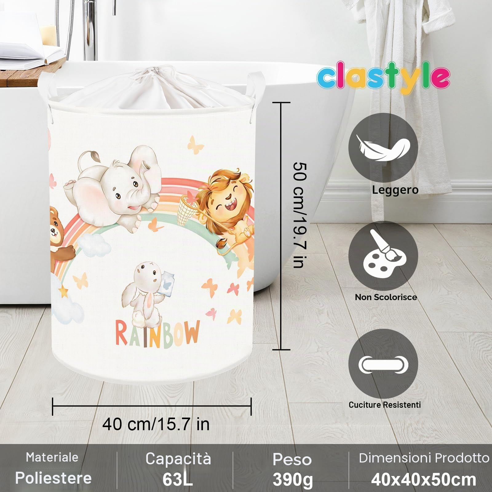Clastyle Ceste Biancheria Bambini Animale Addormentato Cestino Giocattoli Vestiti Impermeabile per Ragazzo Ragazza Cestino Portaoggetti per Bagno Cameretta Bucato, Arcobaleno, 40x50 cm