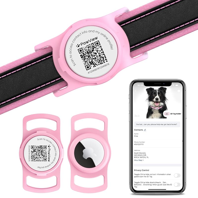 Suporte para AirTag em Coleira para Cães e Gatos com QR Code, Silicone, Pink, PawView, 1 unidade