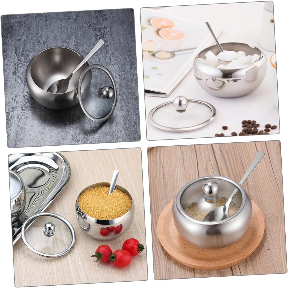 Alipis 2sets Stainless Steel Condiment Jar with Lid and Spoon for Sugar Salt and Seasoning Storage Kitchen Restaurant Buffet