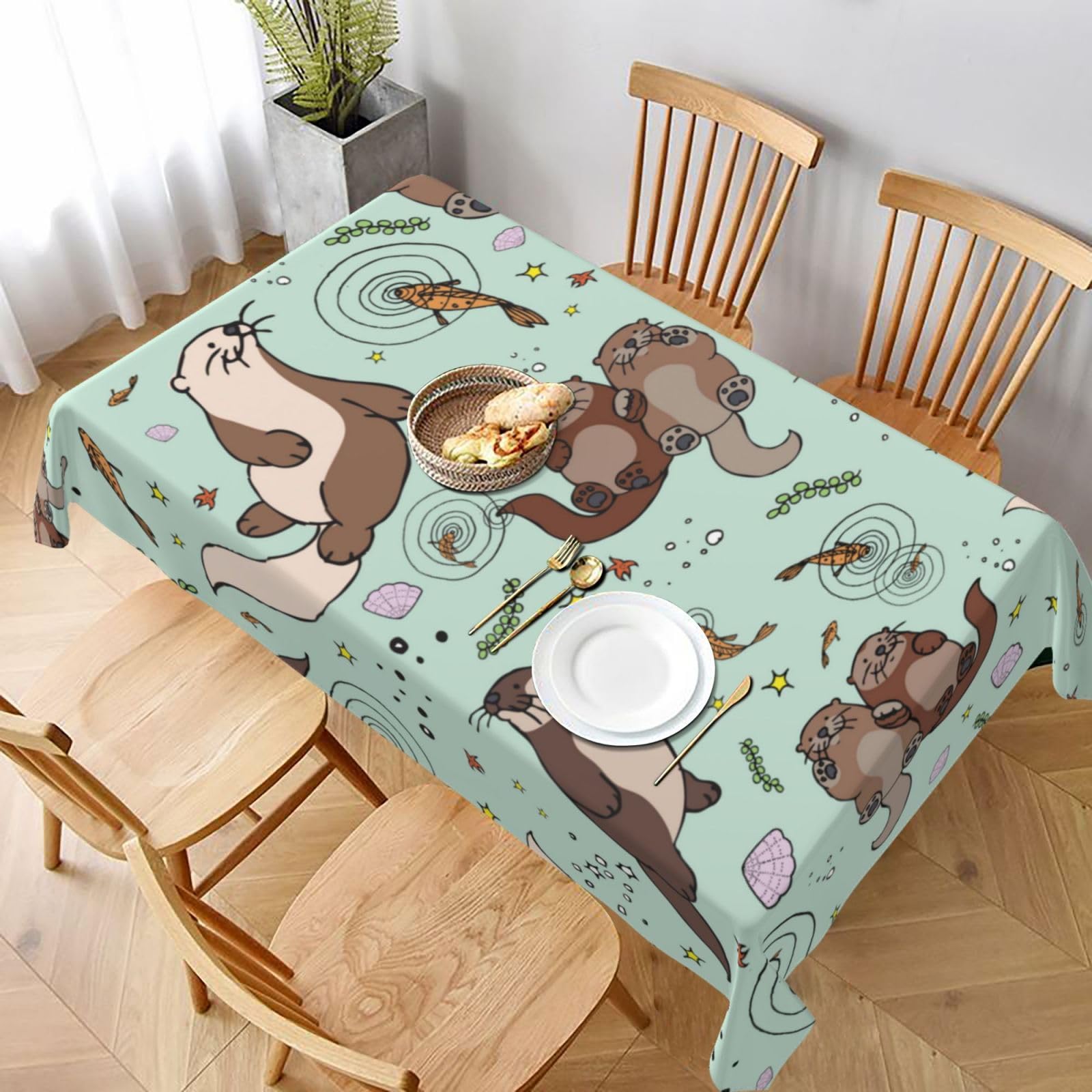 BNVSADC Otters Printed Rectangle Tablecloth 228x152 CM, Water Resistant Polyester Table Cloth Decorative Fabric Table Covers for Kitchen Dining Table Parties Camping