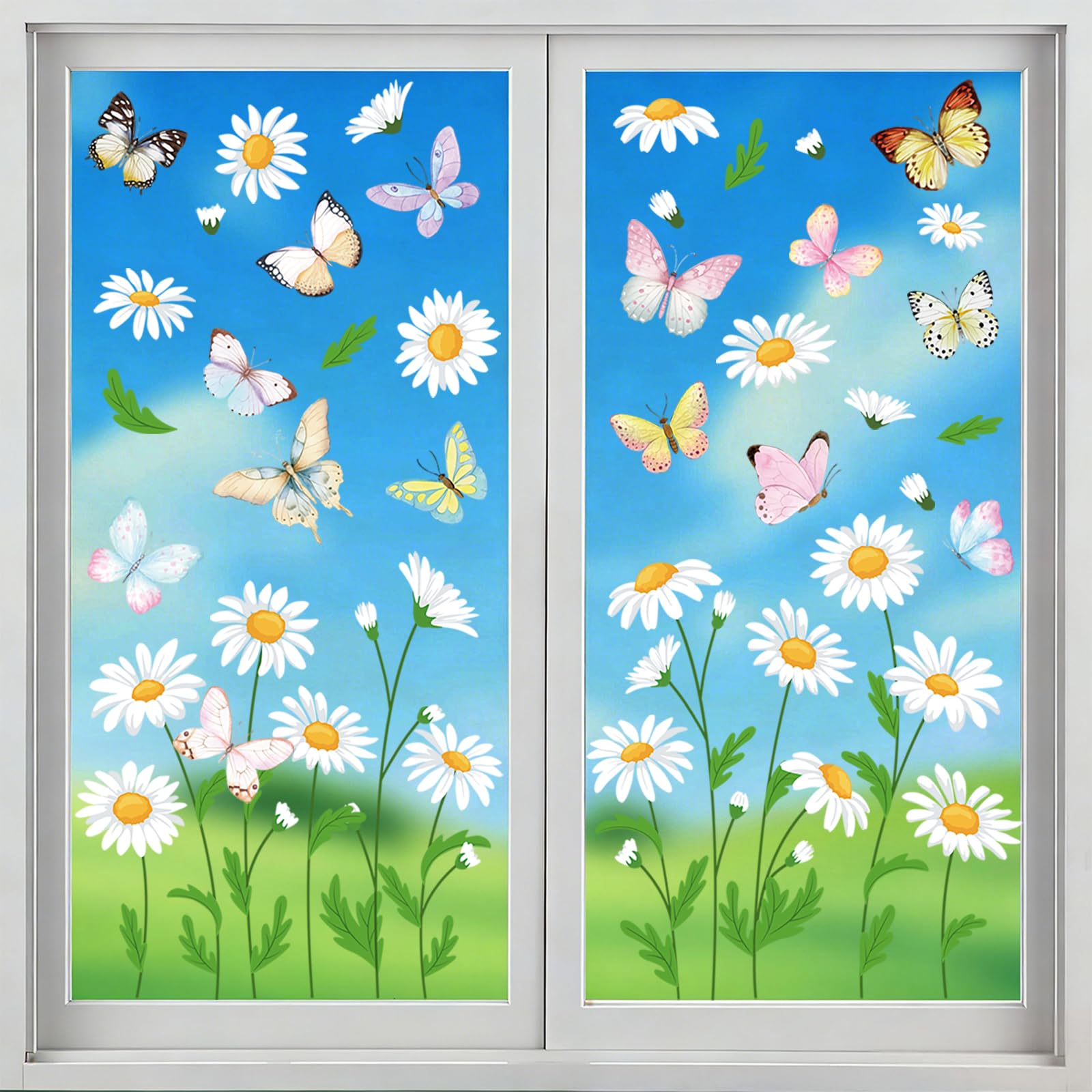 Zindoo 4 Sheet Spring Summer Daisy Butterfly Window Clings, 49Pcs Double Sided Floral Glass Window Decals, Removable Static Window Stickers for Home Patio Doors and Windows