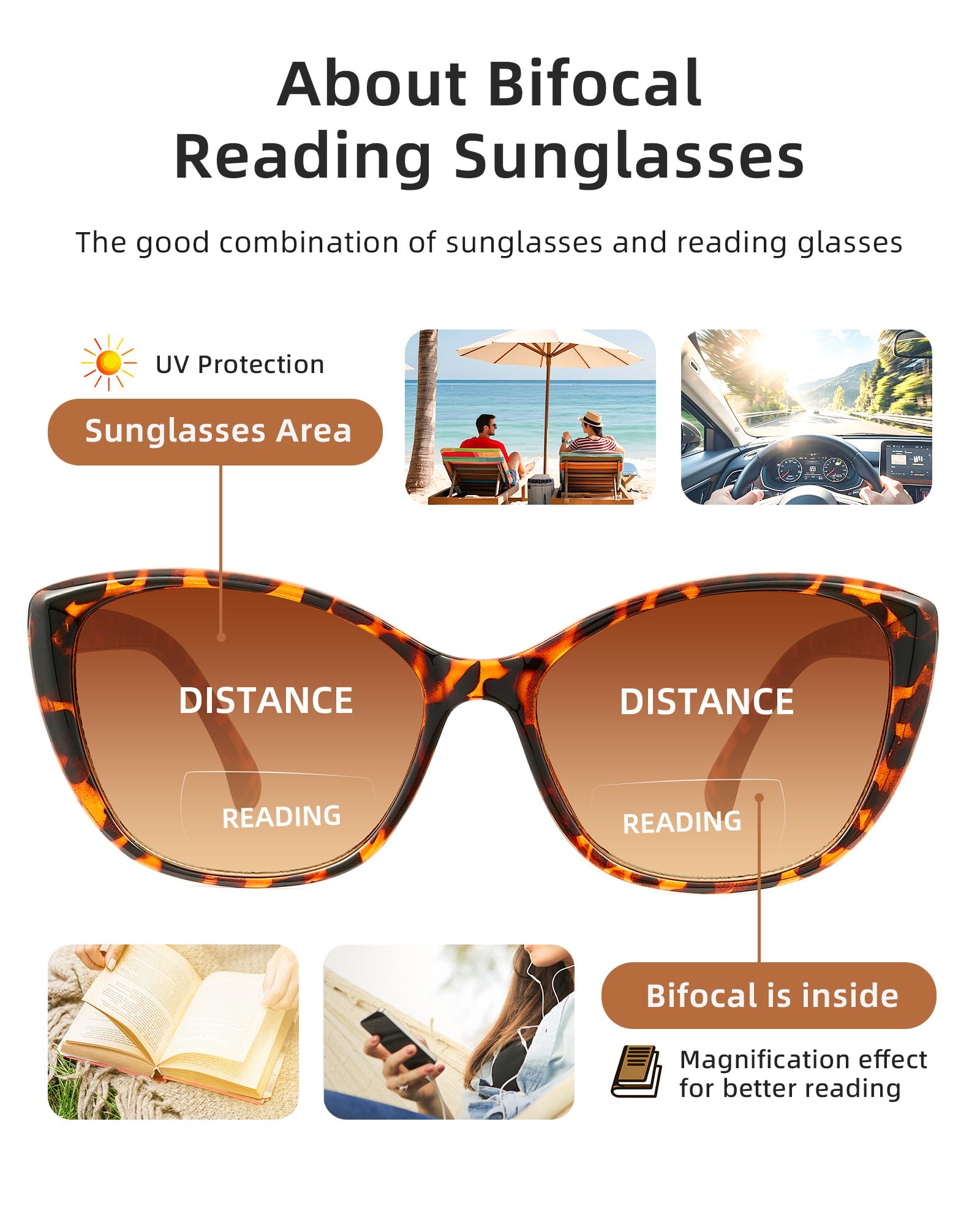 JOLISU Paquete de 3 lentes de sol bifocales de lectura de ojo de gato para mujer, 2 en 1 UV400 con bisagra de resorte para actividades al aire libre