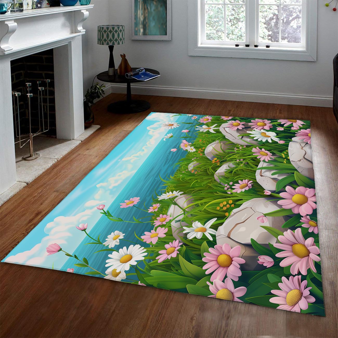 Grand tapis 100x150cm moderne motif marguerite bleu océan lavable pour salon