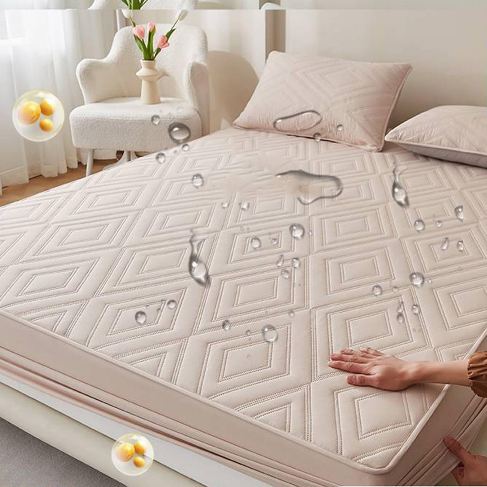 Gestepptes Wasserdichtes Spannbettlaken 3-Teiliges Set,Matratzenschoner mit 2 Kissenbezügen,Matratzenschoner Hypoallergen Atmungsaktiv,Pflegeleicht und Maschinenwaschbar(Khaki,120x200cm)