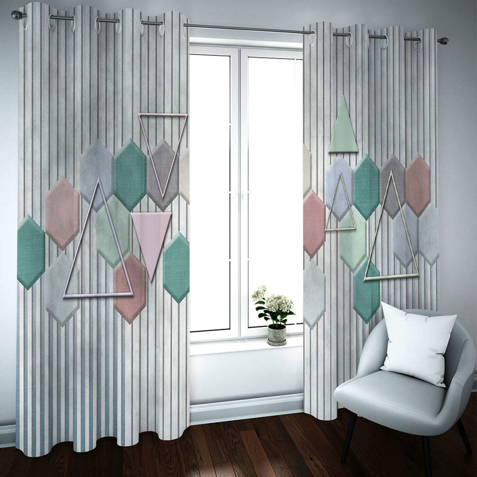 Daesar Zasłona poliestrowa 130 x 213 cm zasłony okienne pionowe paski sześciokąt trójkątny wzór zasłony termiczne i zaciemniające szare 2 panele zasłony zaciemniające do sypialni