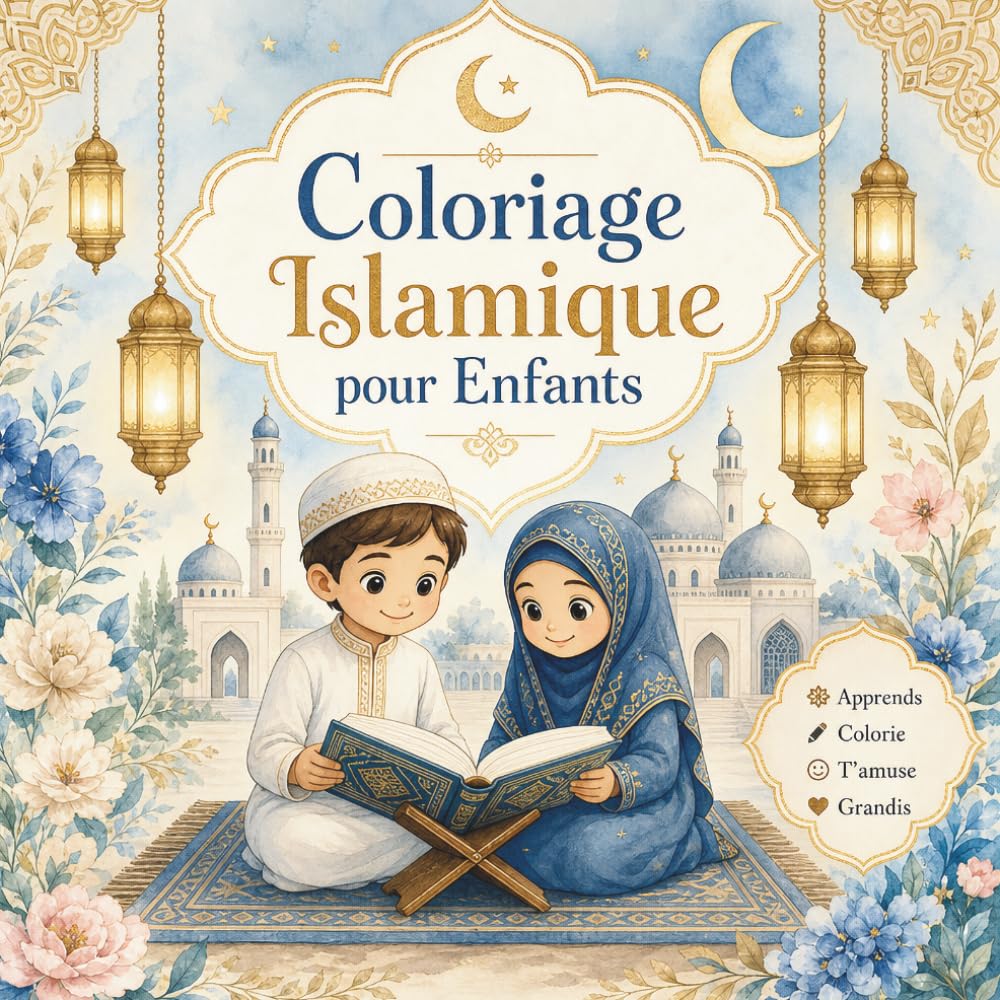 Mon Premier Livre de Coloriage Islamique: 22 Pages de Coloriage + Images Colorées de Référence | Salat, Ramadan, Coran, Mosquées et Valeurs Islamiques | Enfants 4–8 Ans