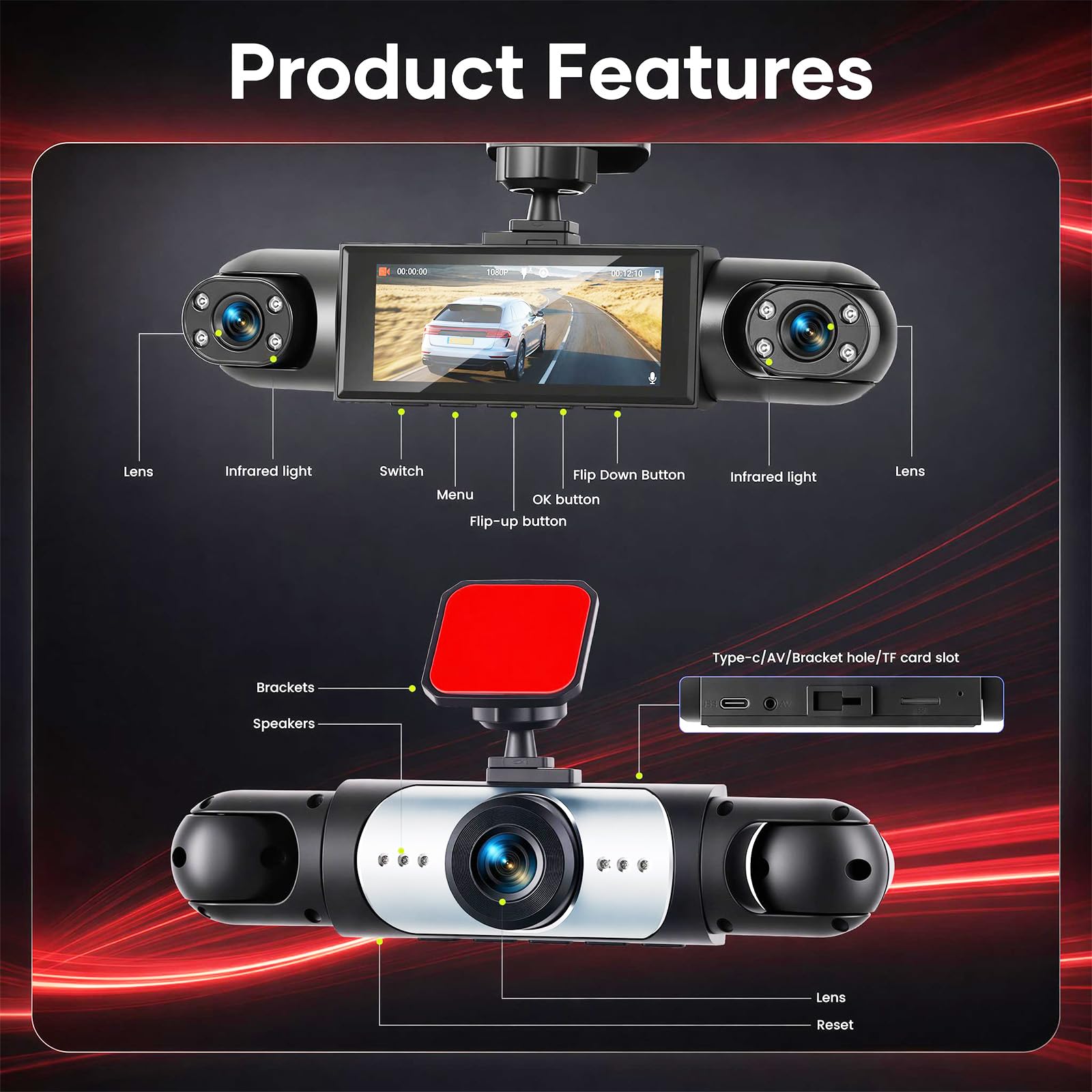 Rimoody Dash Cam Auto 4 kamery samochodowe, kamera Dashcam 3,16 cala, zintegrowana noktowizor, wyczuwanie ruchu, tryb parkowania 24/7, obsługa cofania pamięci 64 GB