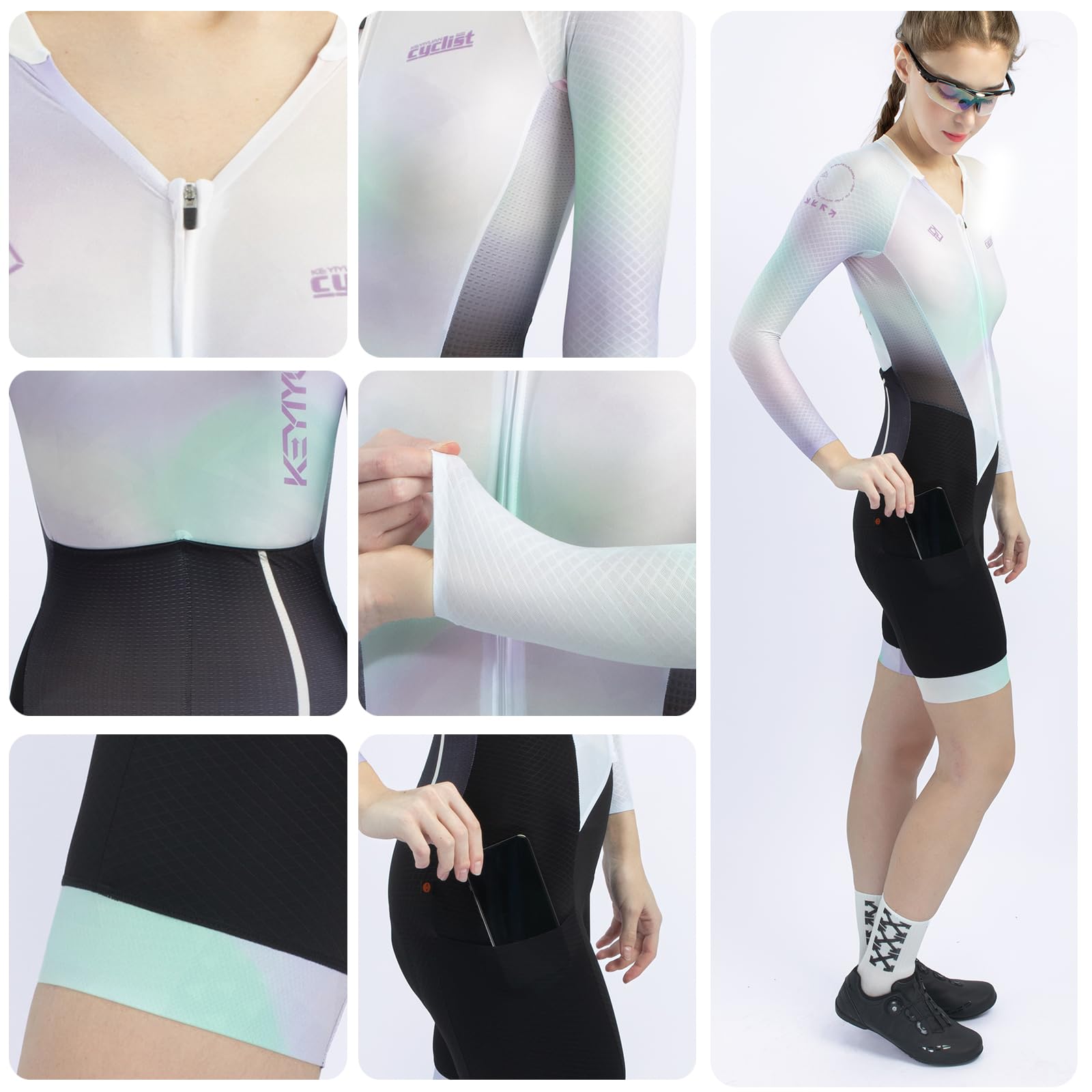 Damen Radsport Einteiler Triathlonanzug mit hochdichter Sitzpolsterung, Aero Cycling Skinsuit, atmungsaktiv schnelltrocknend UV-Schutz, geeignet für Rennradfahren Triathlon