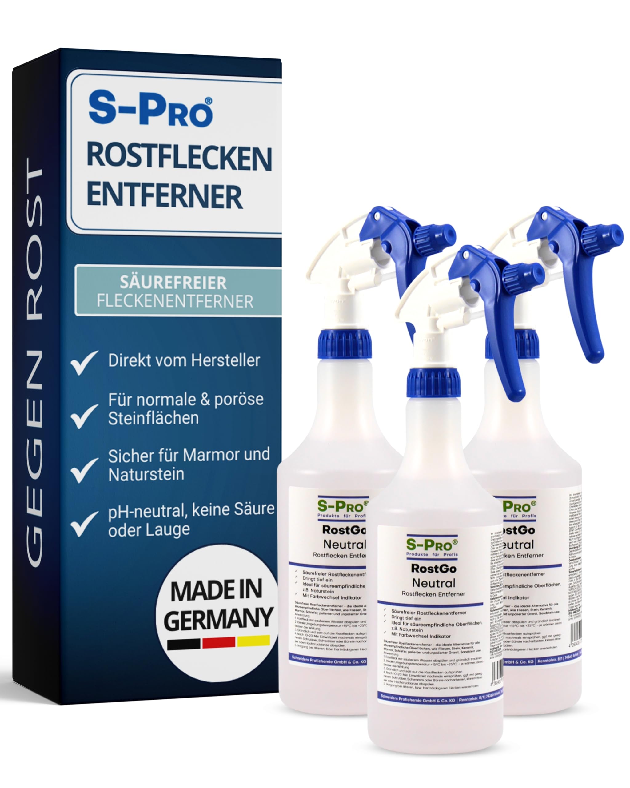 S-Pro RostGo-Neutral 3x750ml I pH-neutraler Rostentferner mit Farbwechsel Indikator I Tiefenwirksames Spray für innen & außen I Ideal für Naturstein, Fliesen & empfindliche Oberflächen