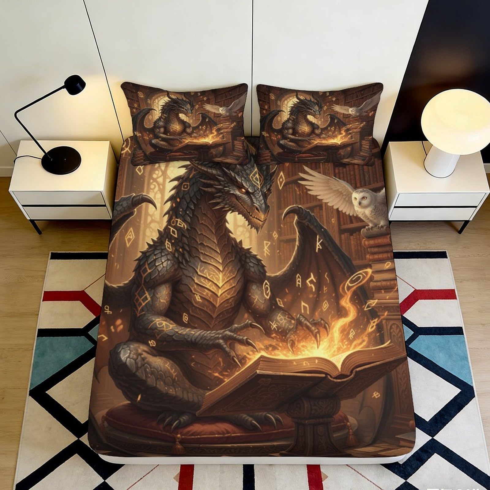 3D Printed Dragon Fantasy Fitted Sheet Microfiber Durable Soft 3D Printed Magic Spell Bed Cover for Bedroom Dormitory Guest Room Mattress Protection 180x200x25cm
