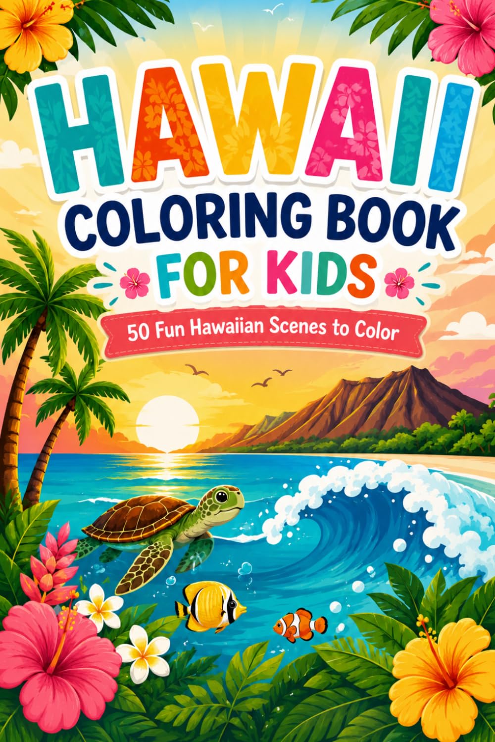 Hawaii Coloring Book for Kids Ages 4 - 8: 50 Fun Hawaiian Scenes to Color — Palm Trees, Sea Turtles, Hula Dancers, Volcanoes & More