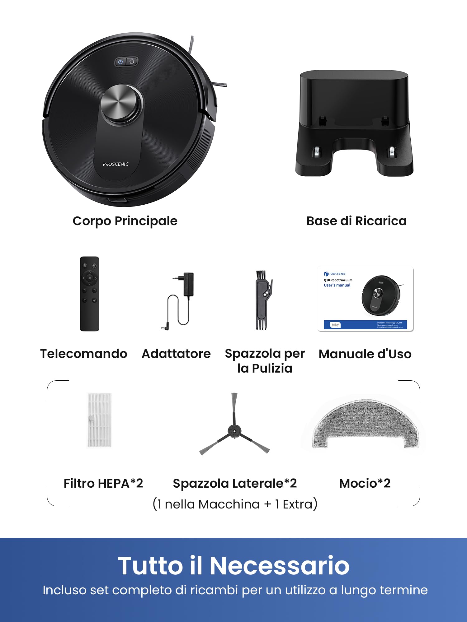 Proscenic Q10 Robot Aspirapolvere Lavapavimenti con Mappatura, Robot Pavimenti 8000Pa 200min, LiDAR Intelligente, Controllo APP/Alexa/WiFi/Siri/IFTTT, Ideale per Pulizia Domestica/Peli Animali