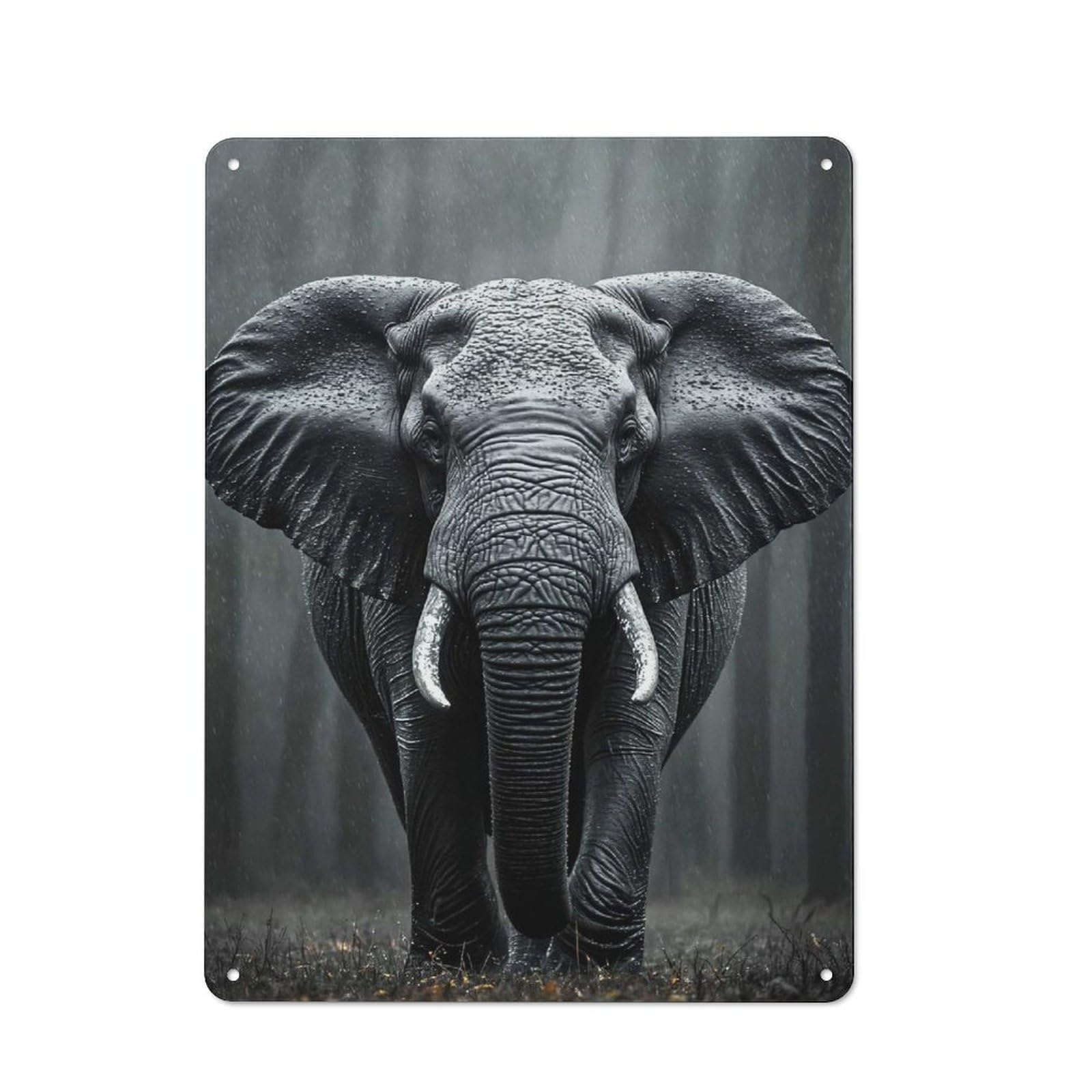 Junmoney Style-24 Metal Wall Plaque With Monochrome Elephant In The Rain Design 40X30cm, Simple Retro Creative Space Decor For Office, Study, Studio Or Hallway