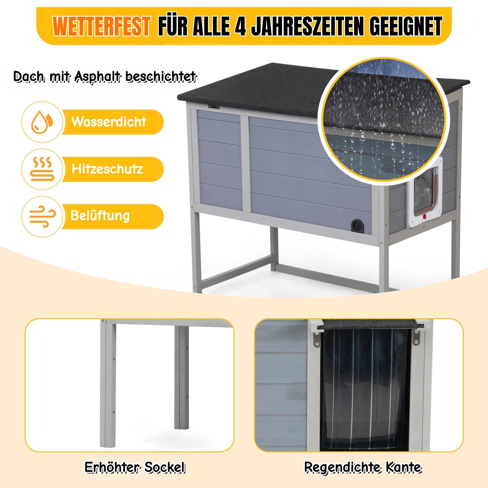 isoliertes Katzenhaus Outdoor Winterfest mit hohen Beinen – Grau mit Buntem Design, Holz Haustierhaus wetterfest mit PVC-Türvorhang, Wärmedämmung & aufklappbarem Dach für Katzen und Kleintiere