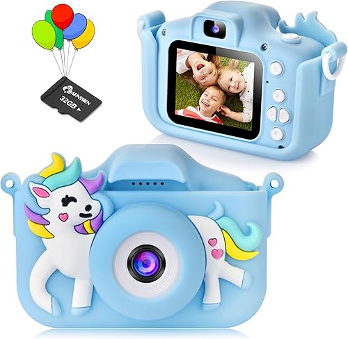 Cámara infantil para niños con tarjeta de 32 GB, pantalla HD IPS de protección ocular, cámara digital para selfie infantil con protección de lente