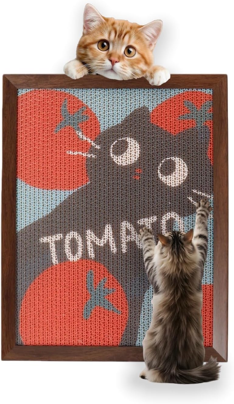 Decorative Wall Art Cat Scratcher, BC Grade Cardboard Framed 13"x17" Dust-Free Vertical Scratching Post, No-Drill Wall Mount (Renter-Friendly), Durable Cat Toy & Home Decor (Cherry) (Tomato)