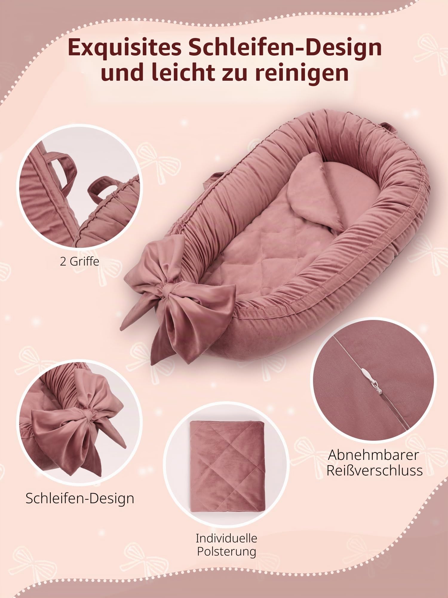 EAQ Babynest Nestchen Baby Weiches Atmungsaktives Babybett für Neugeborene Geschenk Baby Erstausstattung Neugeborene (Bohnenpaste rosa)
