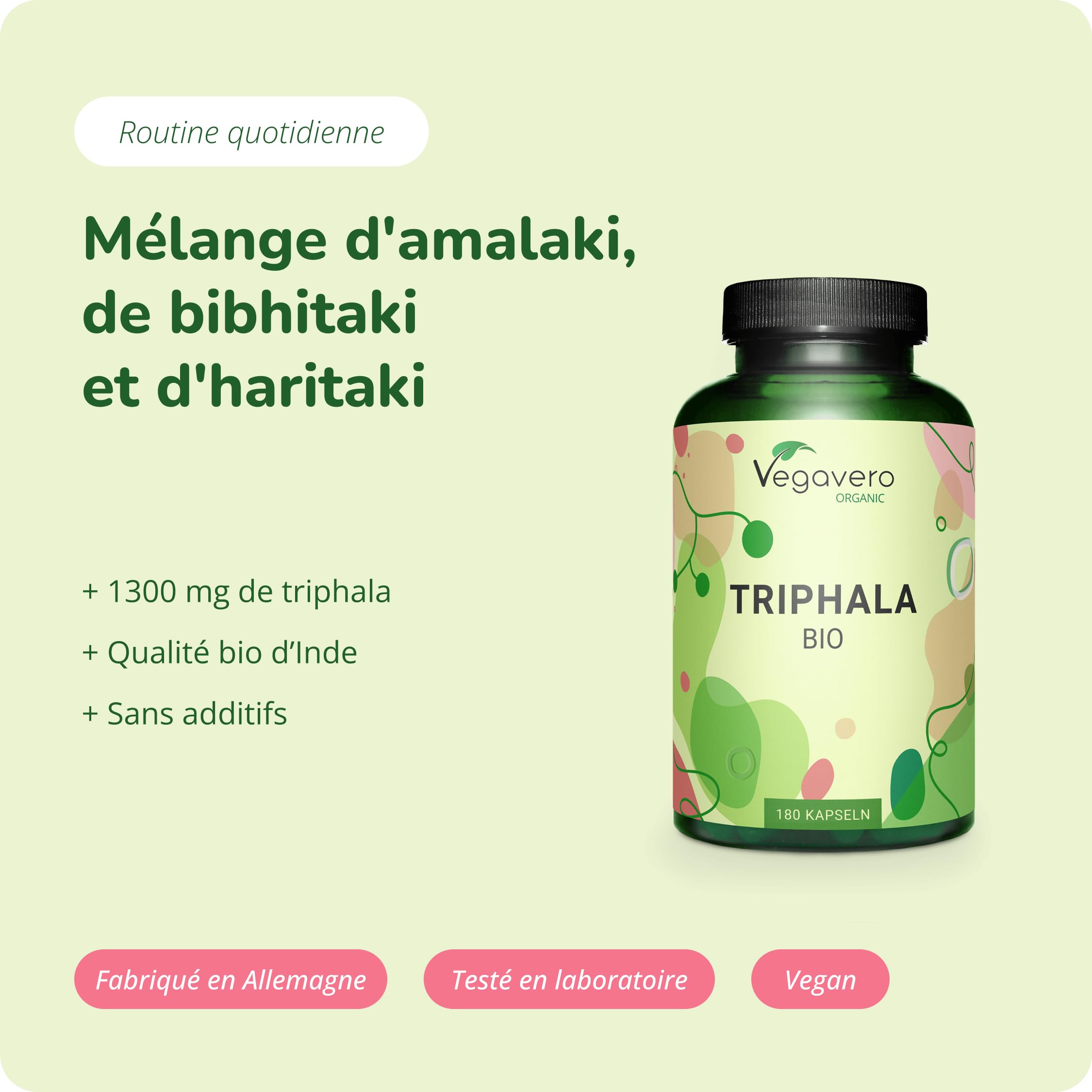 Triphala BIO Vegavero® | 1300 mg par Dose | Sans Additifs | Laxatif Naturel + Antioxydant Puissant + Digestion | Ayurveda | Testé en Laboratoire | VEGAN | 180 Gélules