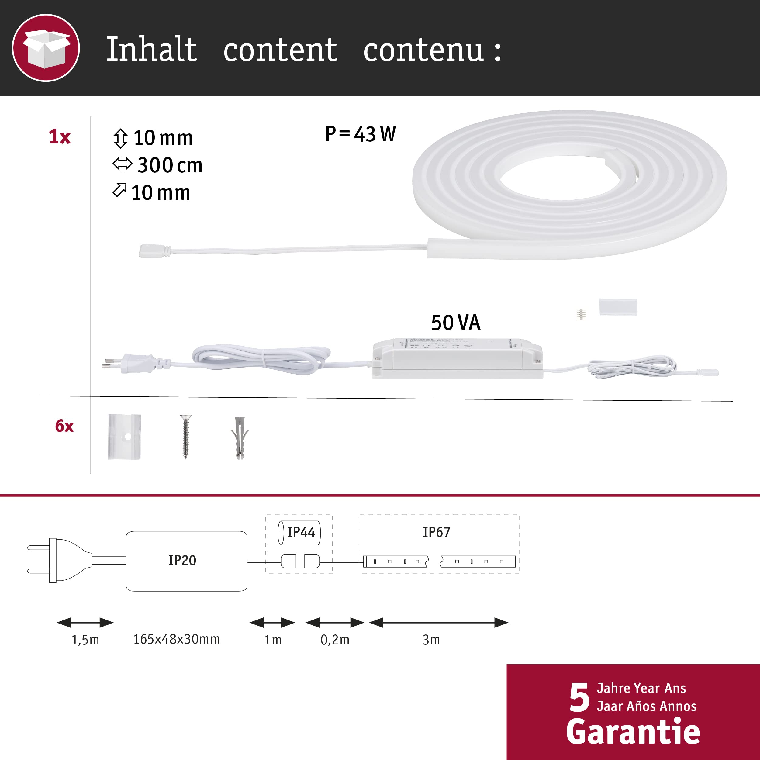 Paulmann 70963 Strip MaxLED Flow 37 W, juego básico strip LED, regulable, 3 m, blanco, plástico 2700 K blanco cálido