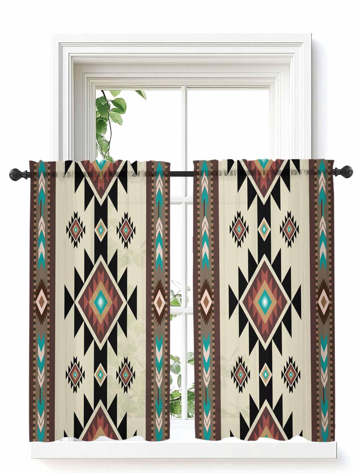 Southwestern Window Sheer Curtain Panels Sets of 2,Small Tier Drape Curtains 45 Inches Long for Kitchen,Bedroom,Living Room,Rod Pocket Drapery 55x45